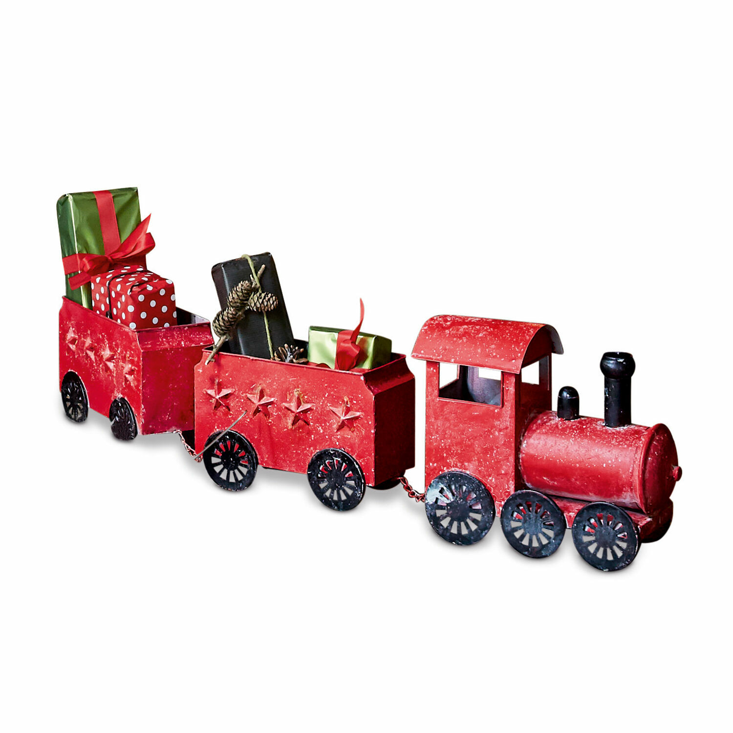 Trenino decorativo Ayene Treno decorativo in metallo rosso con stelle, pieno di regali, decorazione natalizia festiva