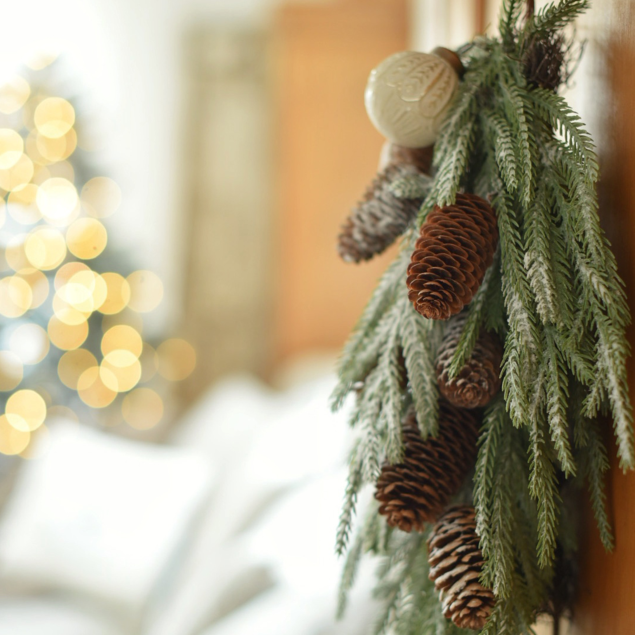 Decorazione natalizia con rami verdi e pigne marroni su sfondo di luci sfocate