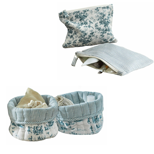 Set di cestini e astuccio in cotone con motivi floreali blu e righe, contenitori decorativi