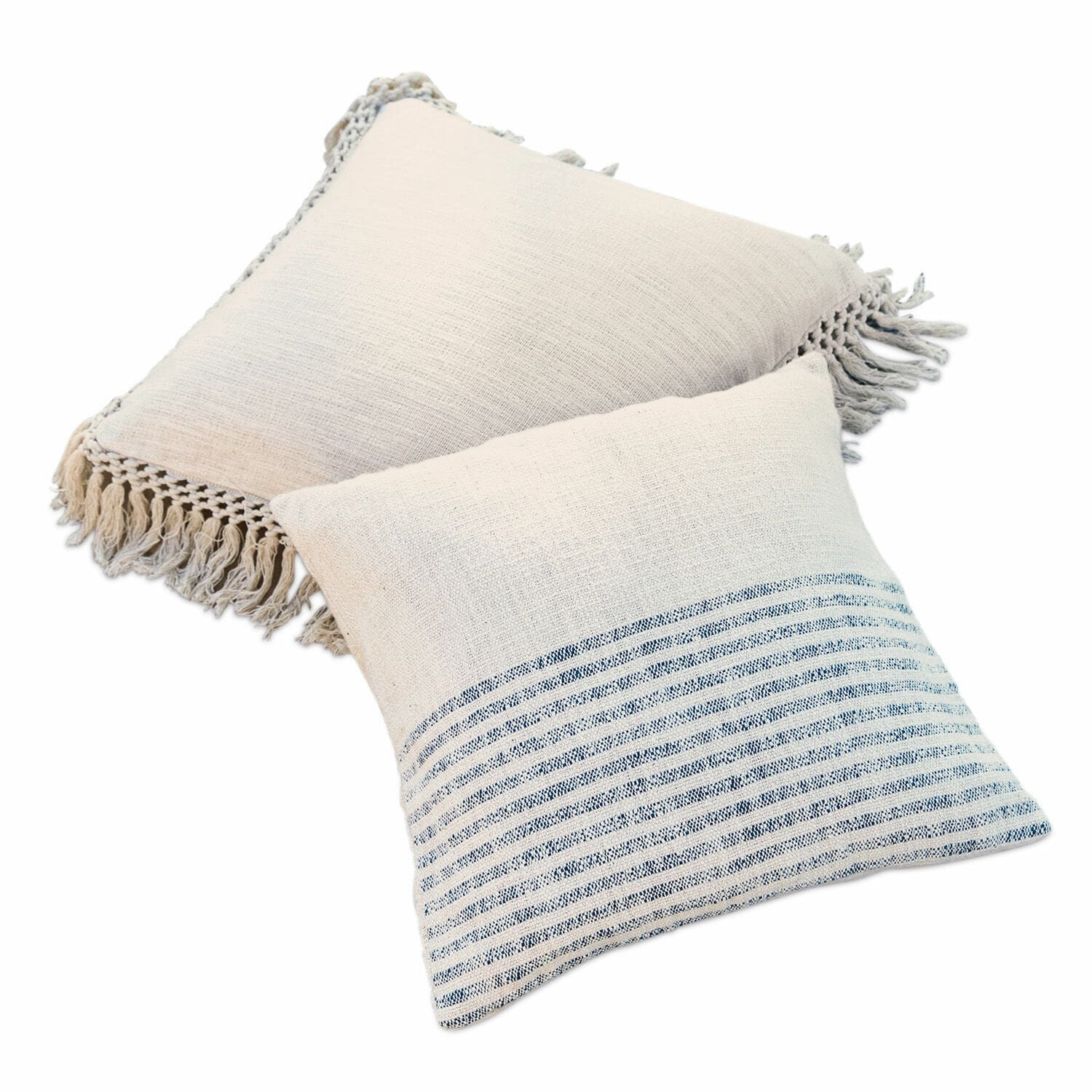 Coppia di copricuscini Marpent Set di due cuscini decorativi in cotone crema con frange e righe blu