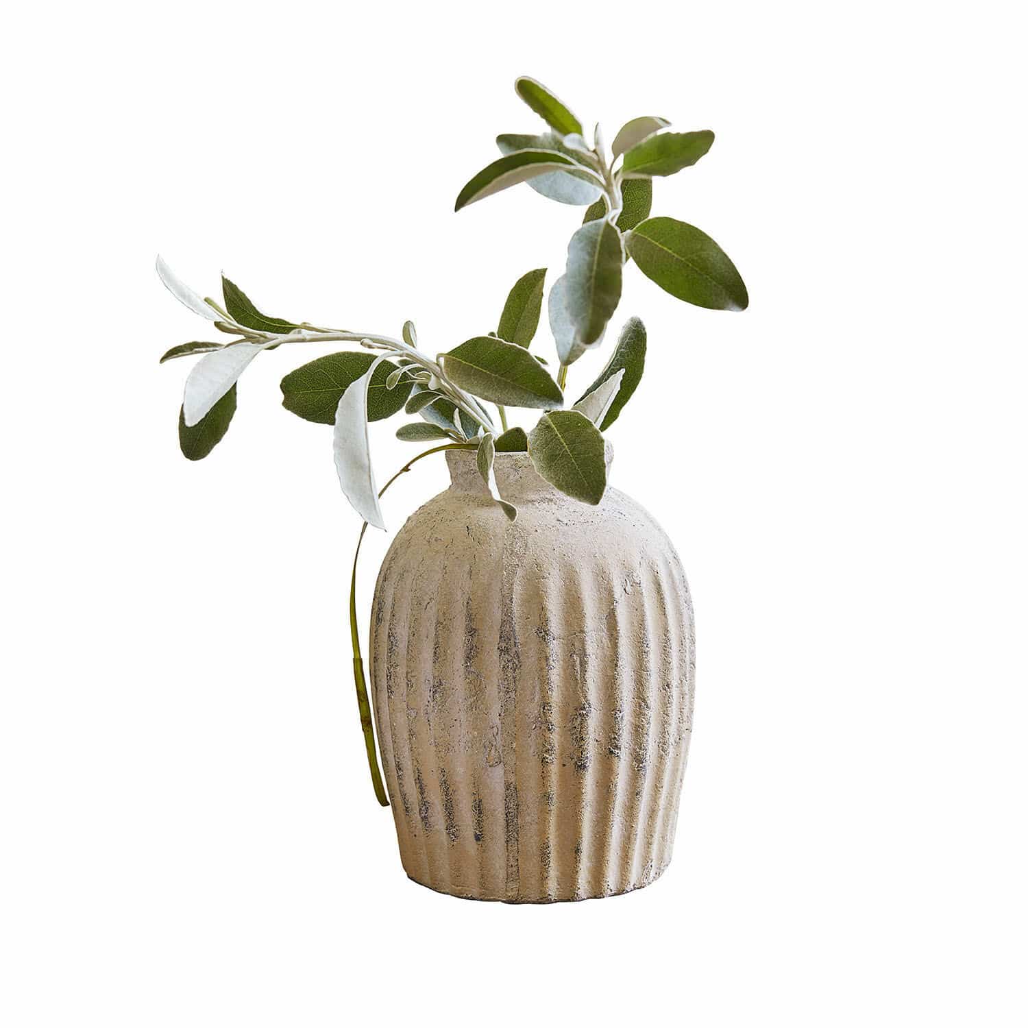 Vaso Melissa Vaso in ceramica beige con scanalature e foglie verdi, decorazione naturale per interni