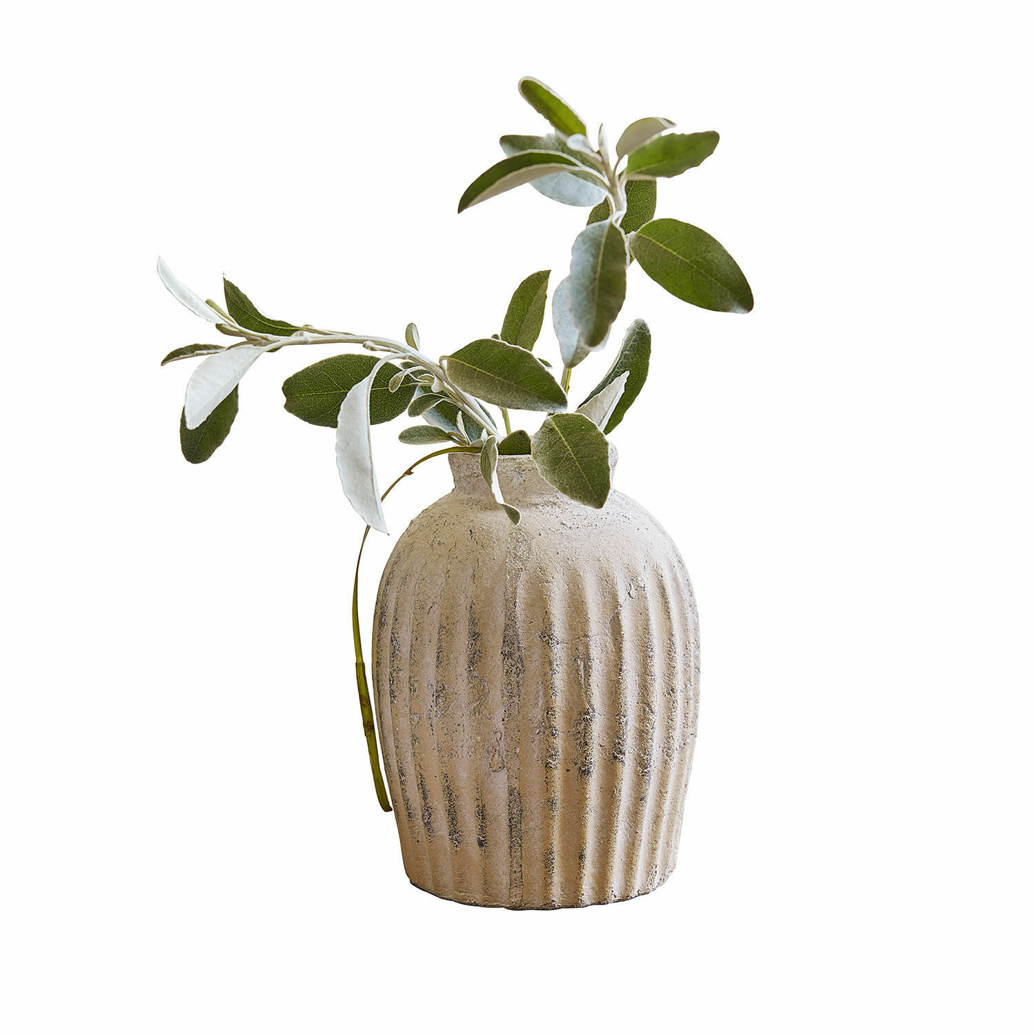 Vaso Melissa Vaso in ceramica beige con scanalature e foglie verdi, decorazione naturale per interni