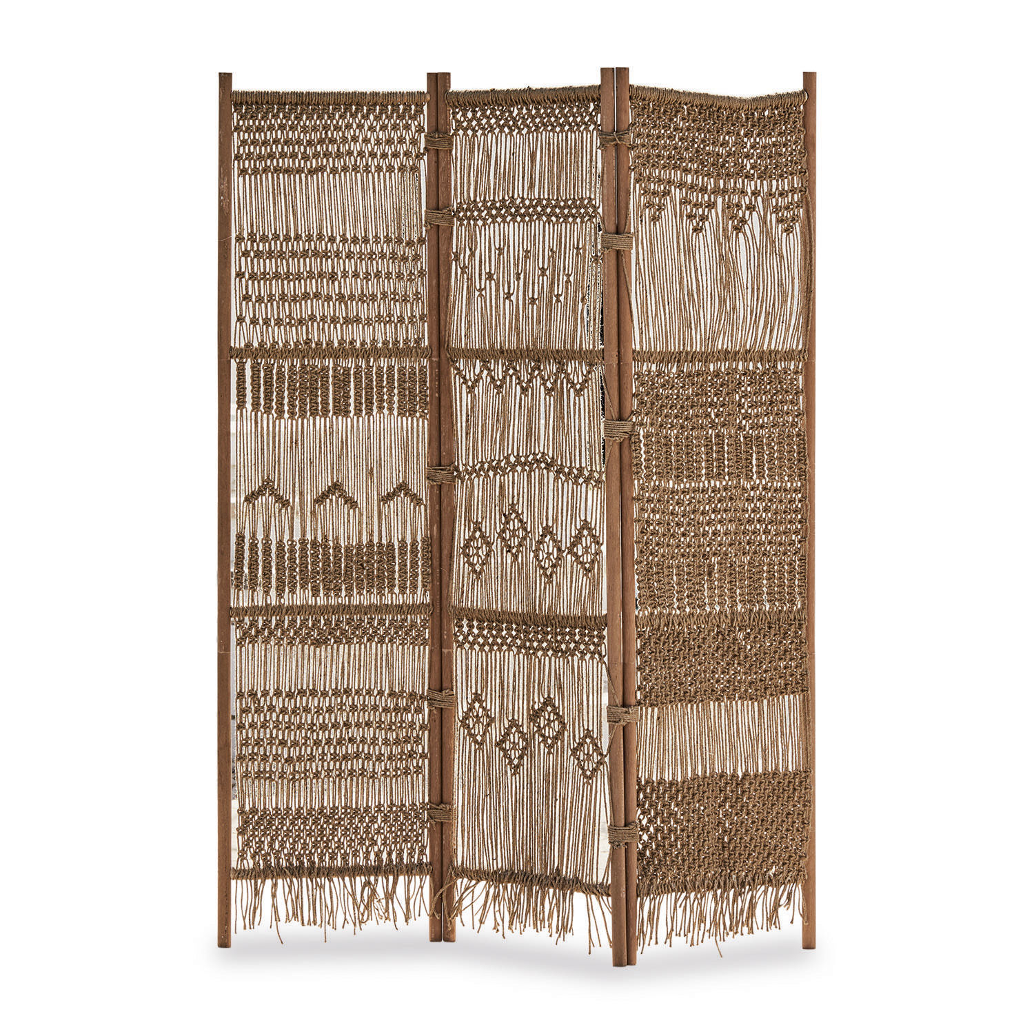 Paravento Tarik Paravento decorativo in legno e corda intrecciata marrone naturale per arredamento interno