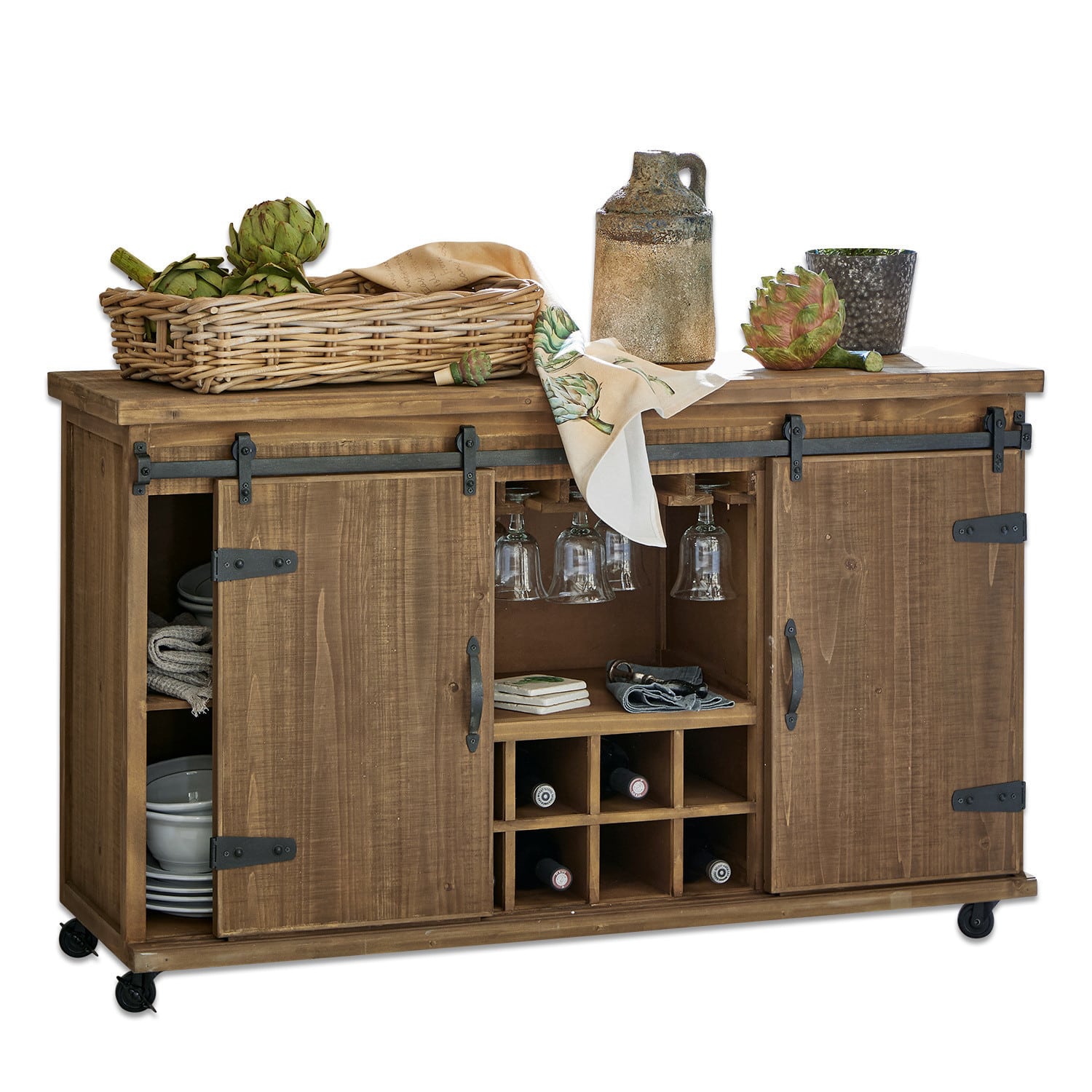 Comò Grasse Mobile in legno con ruote, spazio per vino e bicchieri, colore naturale, mobile funzionale