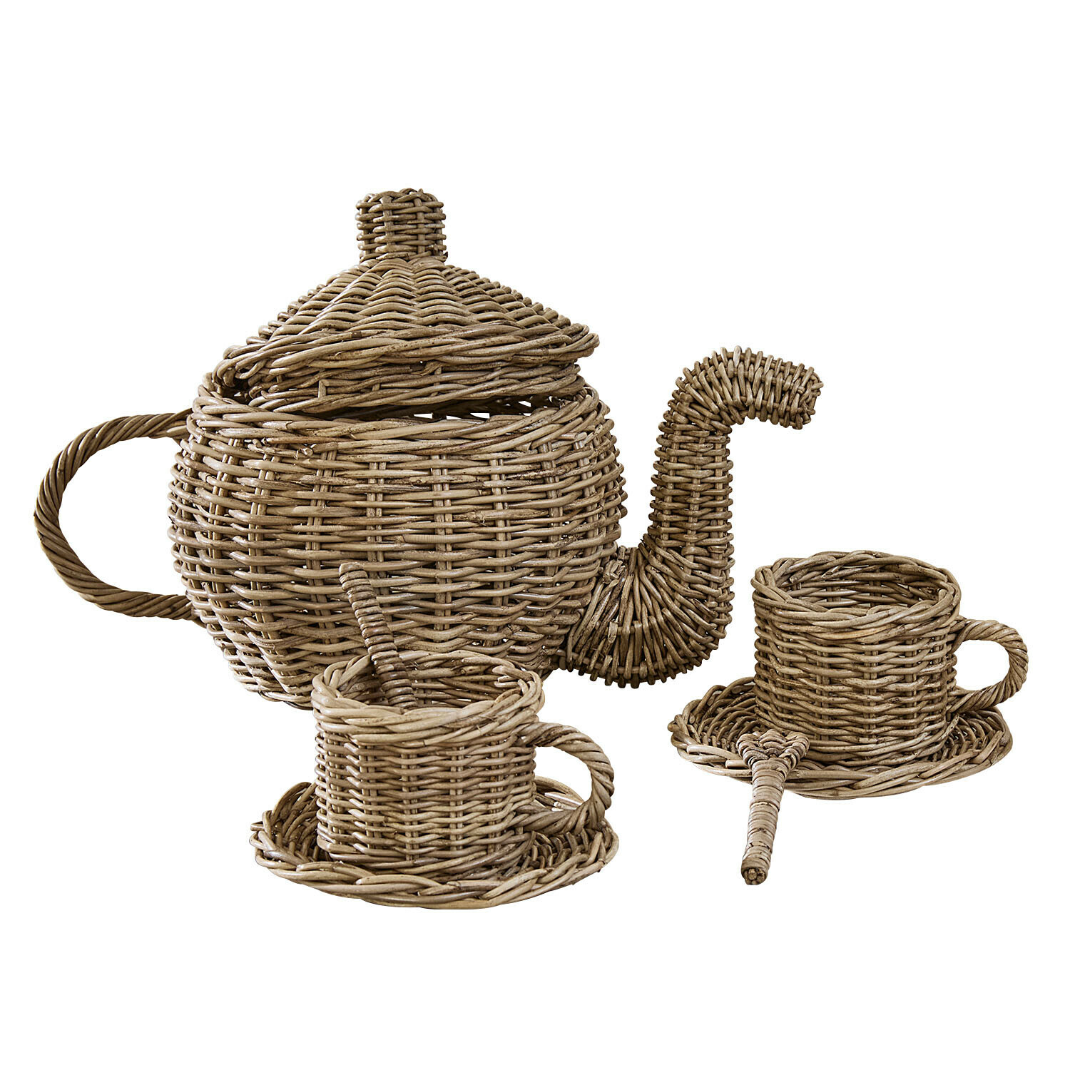 Servizio da tè per bambini Rainboway Set da tè in vimini naturale con teiera, tazze e piattini intrecciati a mano