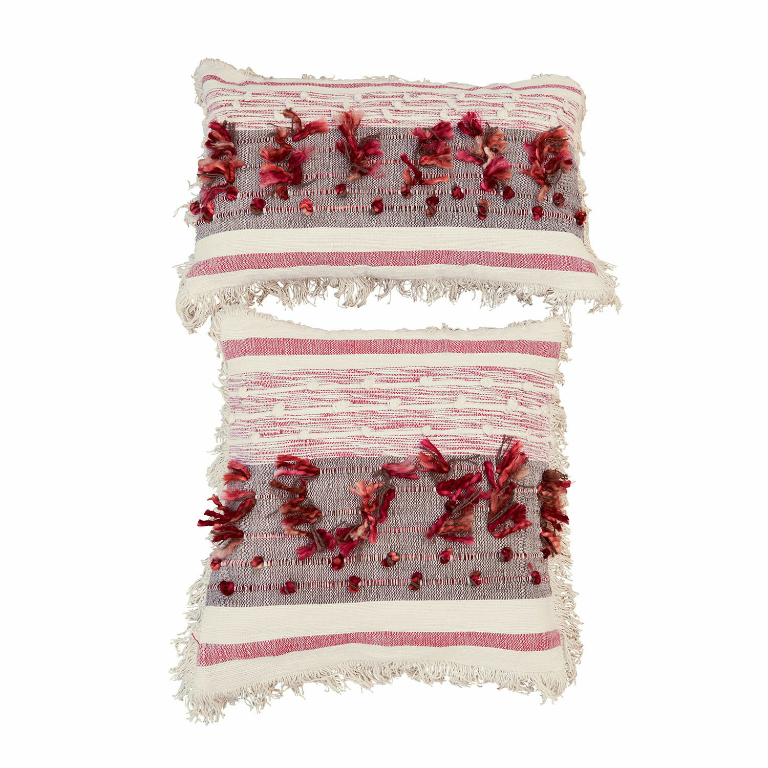 Coppia di copricuscini Yazmira Set di due cuscini decorativi in cotone crema e rosso con frange e dettagli testurizzati