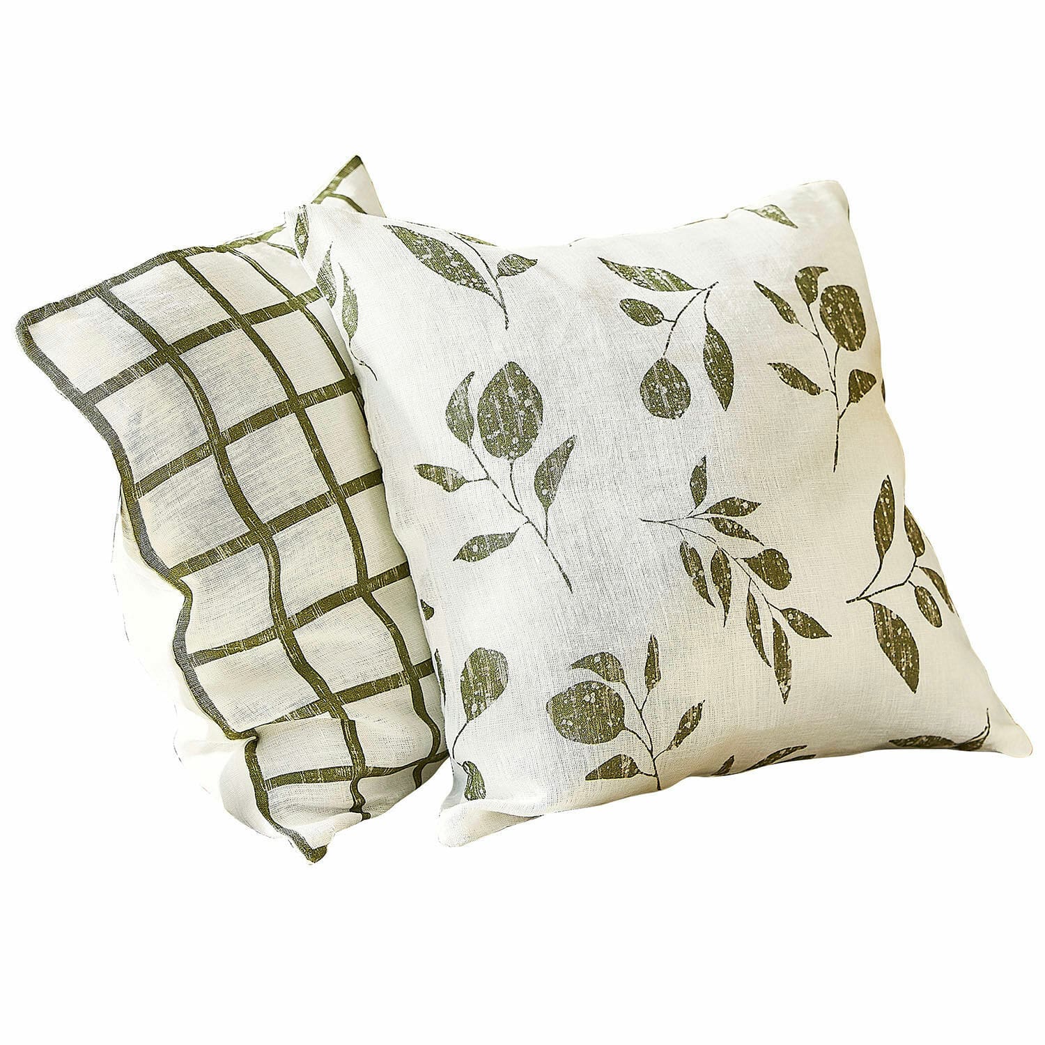 Coppia di copricuscini Klivento Set di due cuscini decorativi in lino bianco con motivo verde di foglie e quadri per arredamento