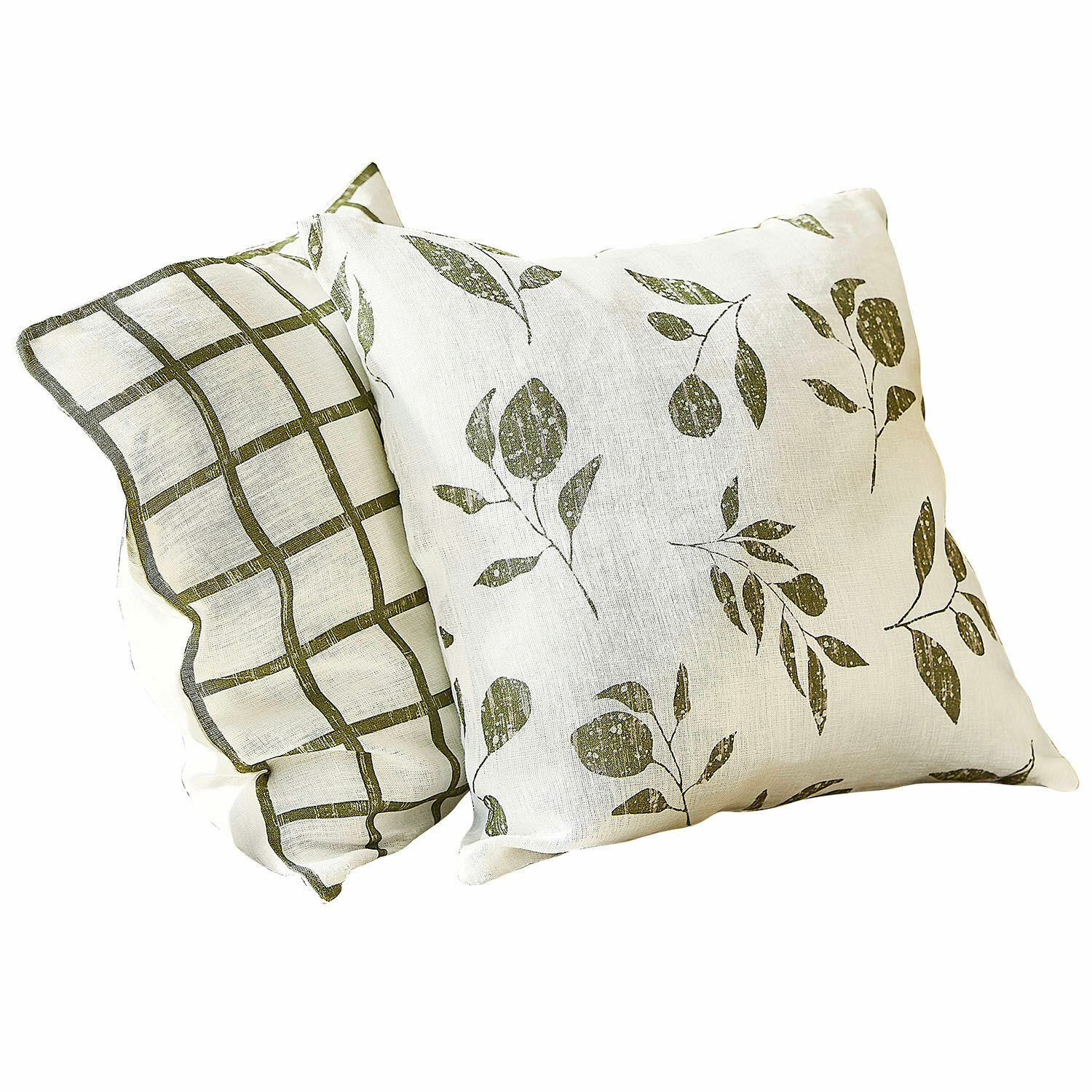 Coppia di copricuscini Klivento Set di due cuscini decorativi in lino bianco con motivo verde di foglie e quadri per arredamento