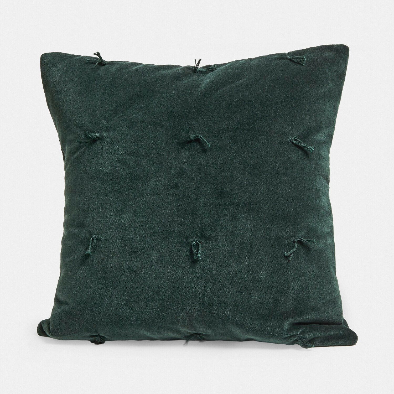 Cuscino decorativo in velluto verde scuro con nodi decorativi, morbido ed elegante per il soggiorno