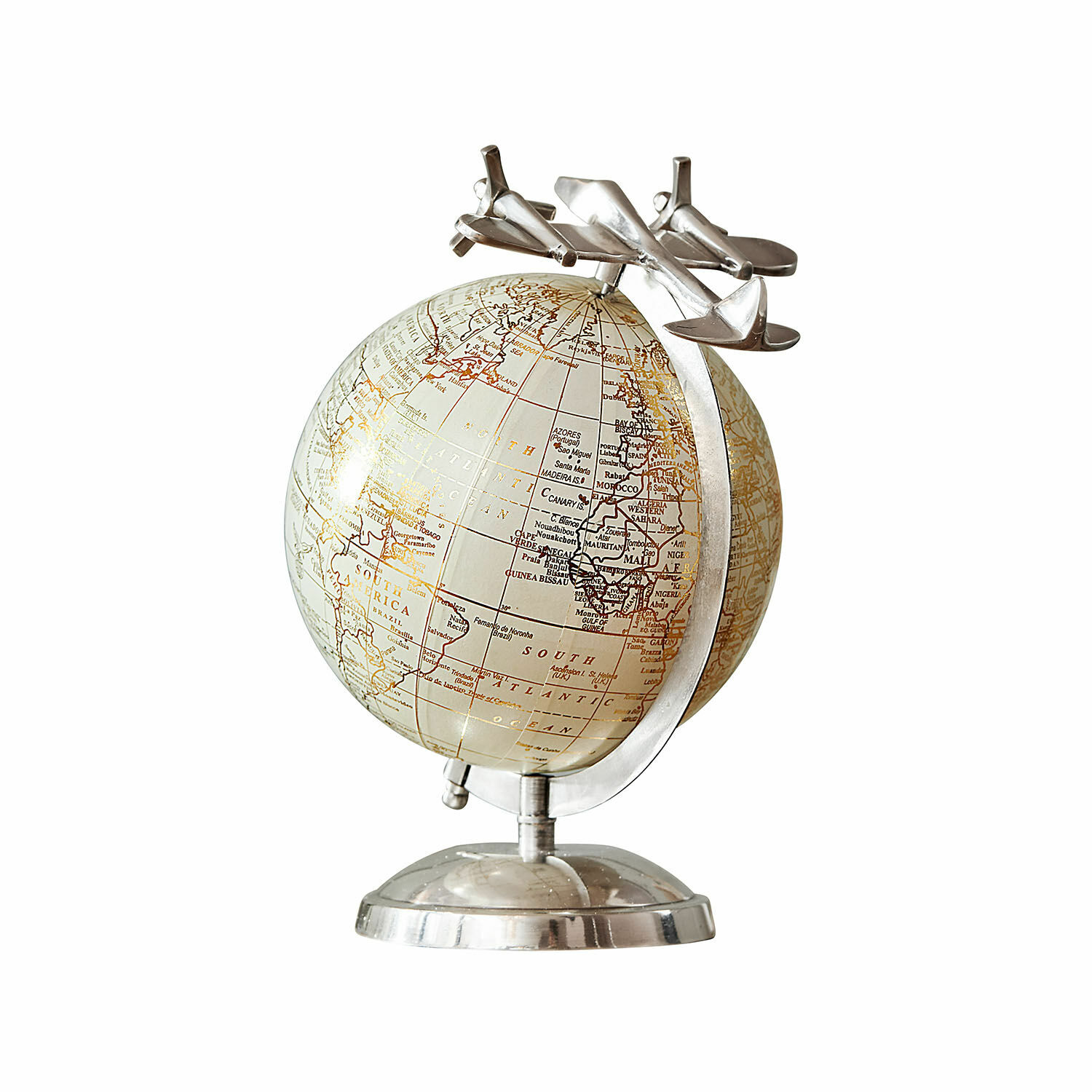 Mappamondo decorativo Jollysail Globo decorativo vintage con base in metallo argentato e aerei, elegante ornamento da scrivania