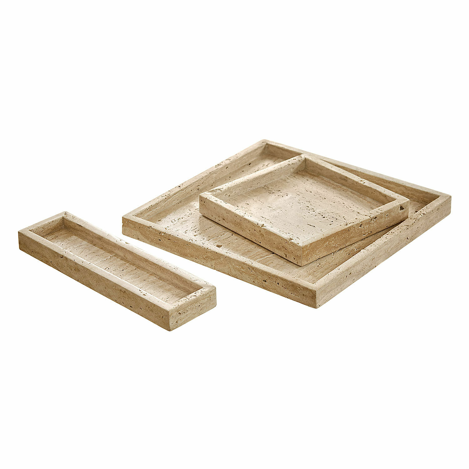 Set di 3 vassoi Tavone Set di tre vassoi beige in travertino per conservazione, pietra naturale decorativa per la casa