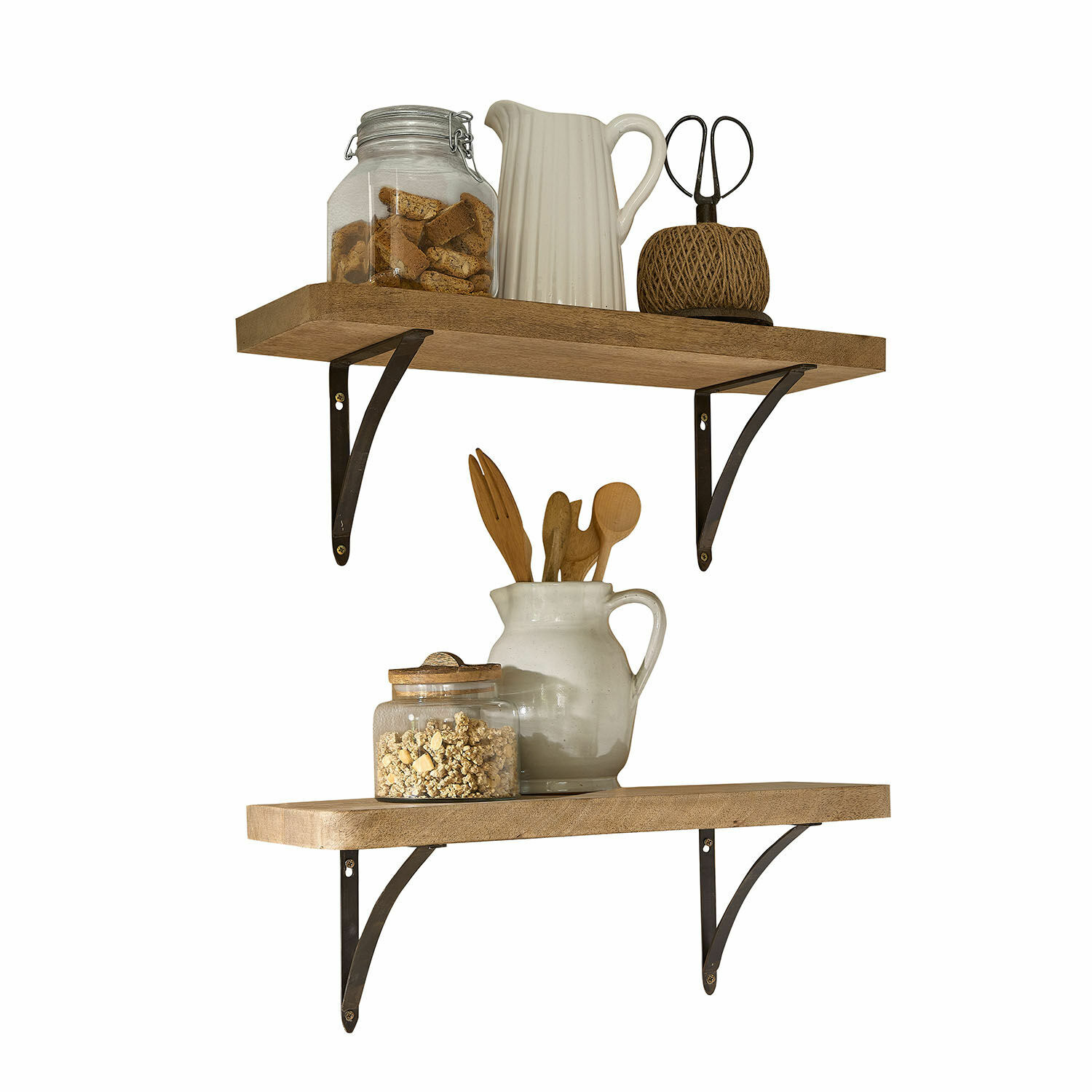 Coppia di mensole Thalindria Due mensole da parete in legno con supporti in metallo, decorazioni rustiche per cucina