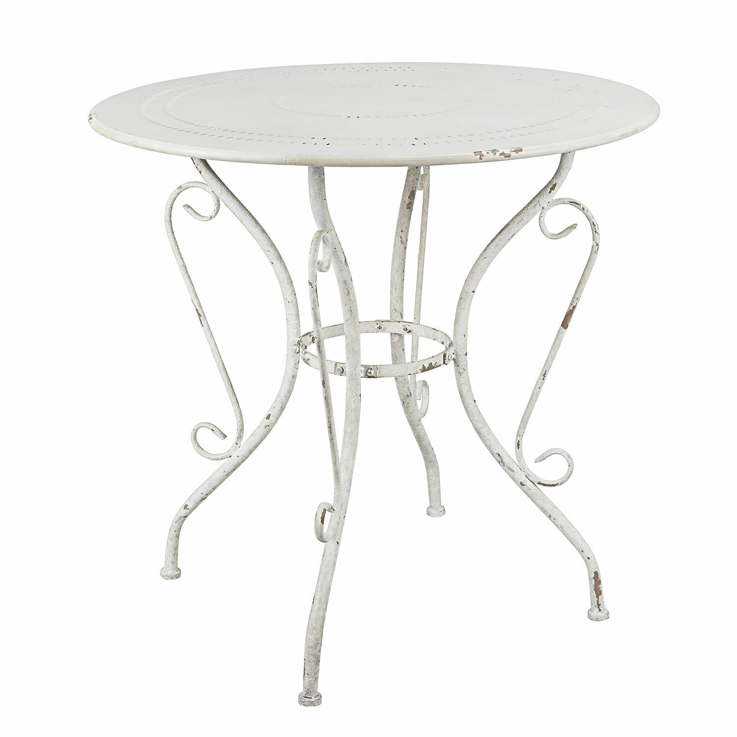 bianco antico Tavolo rotondo in metallo bianco antico con gambe decorative, mobile da giardino vintage