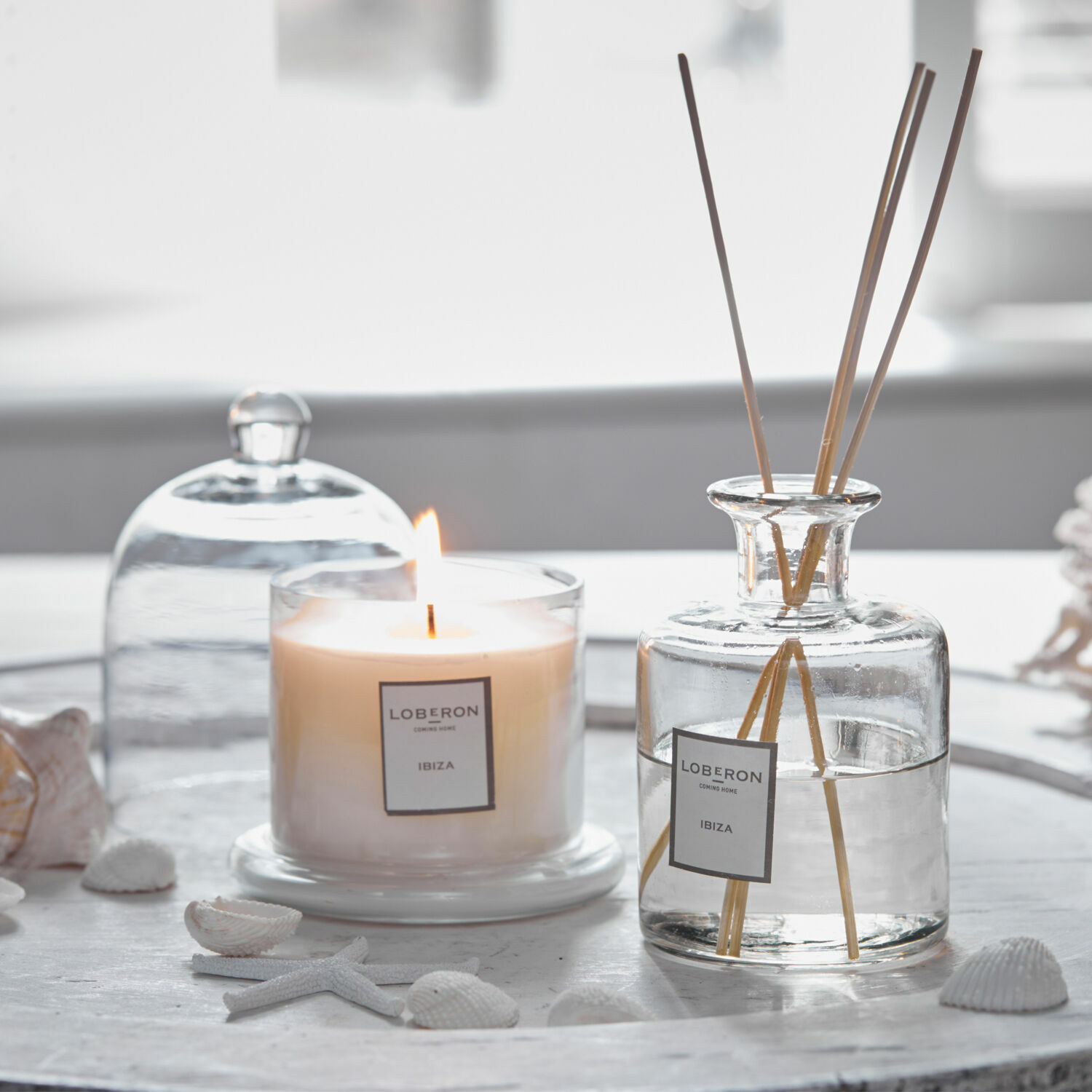 Set di profumatori per ambienti Vanis Candela profumata e diffusore in vetro trasparente con bastoncini su vassoio bianco con conchiglie