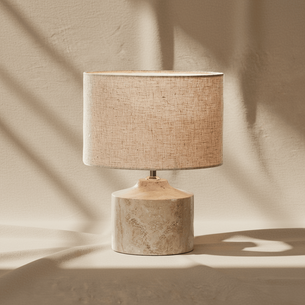 Lampada da tavolo con paralume beige e base in marmo colore naturale per decorazione d'interni