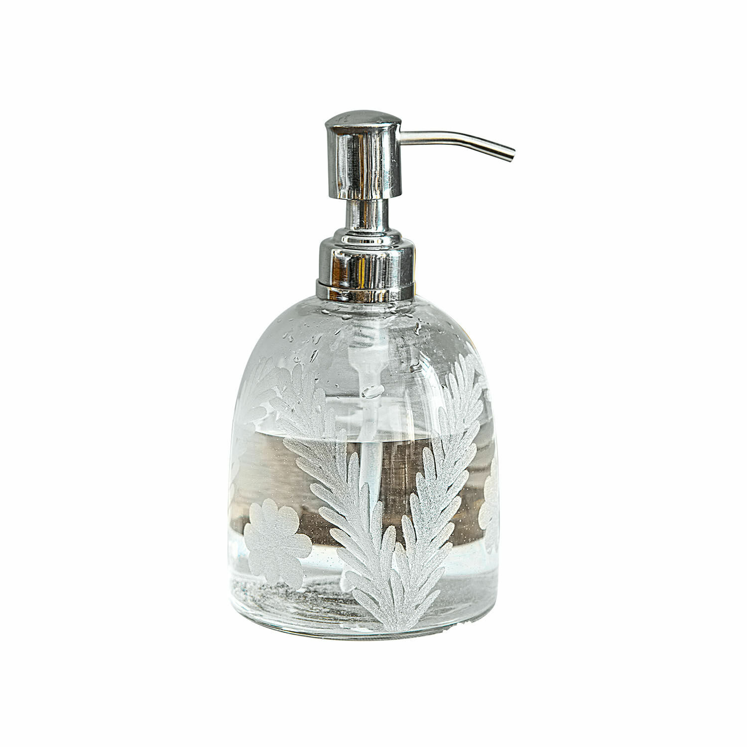 Dispenser per sapone Crystal Dispenser per sapone in vetro trasparente con pompa metallica e motivo floreale per bagno