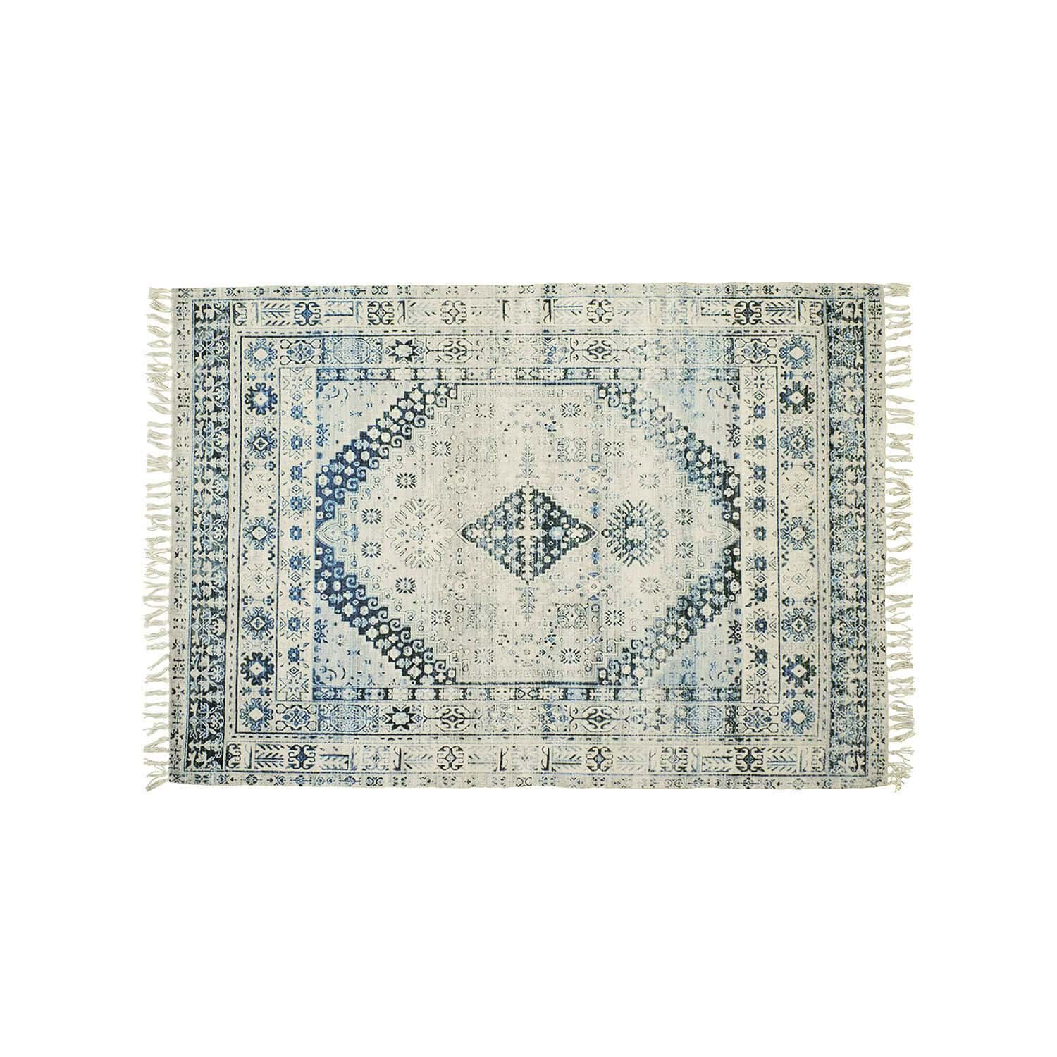 Tappeto per esterni e interni Daly Tappeto orientale blu e crema con frange, decorazione elegante per pavimenti interni