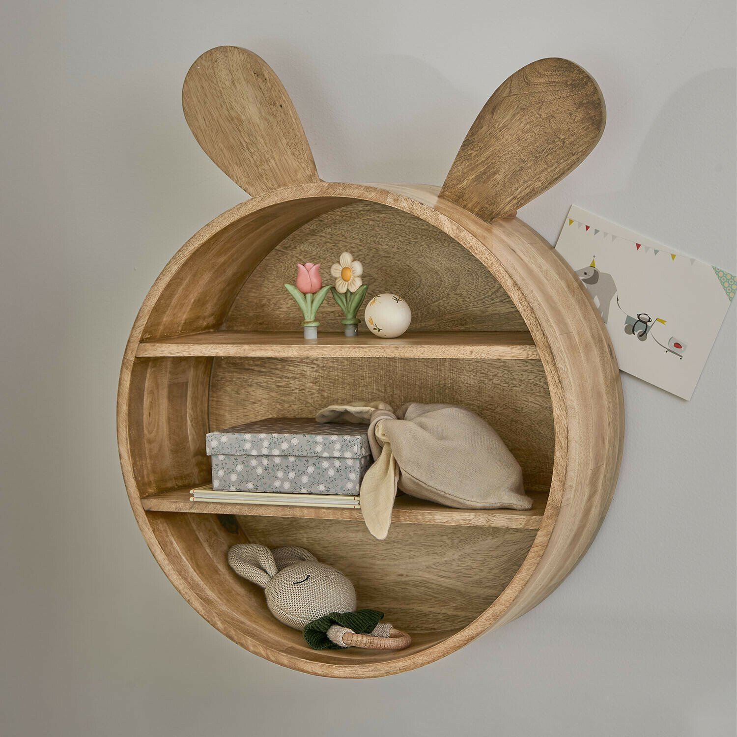 Scaffale da parete per bambini Papillonette Mensola rotonda in legno naturale con orecchie da coniglio, decorazione per cameretta bambini