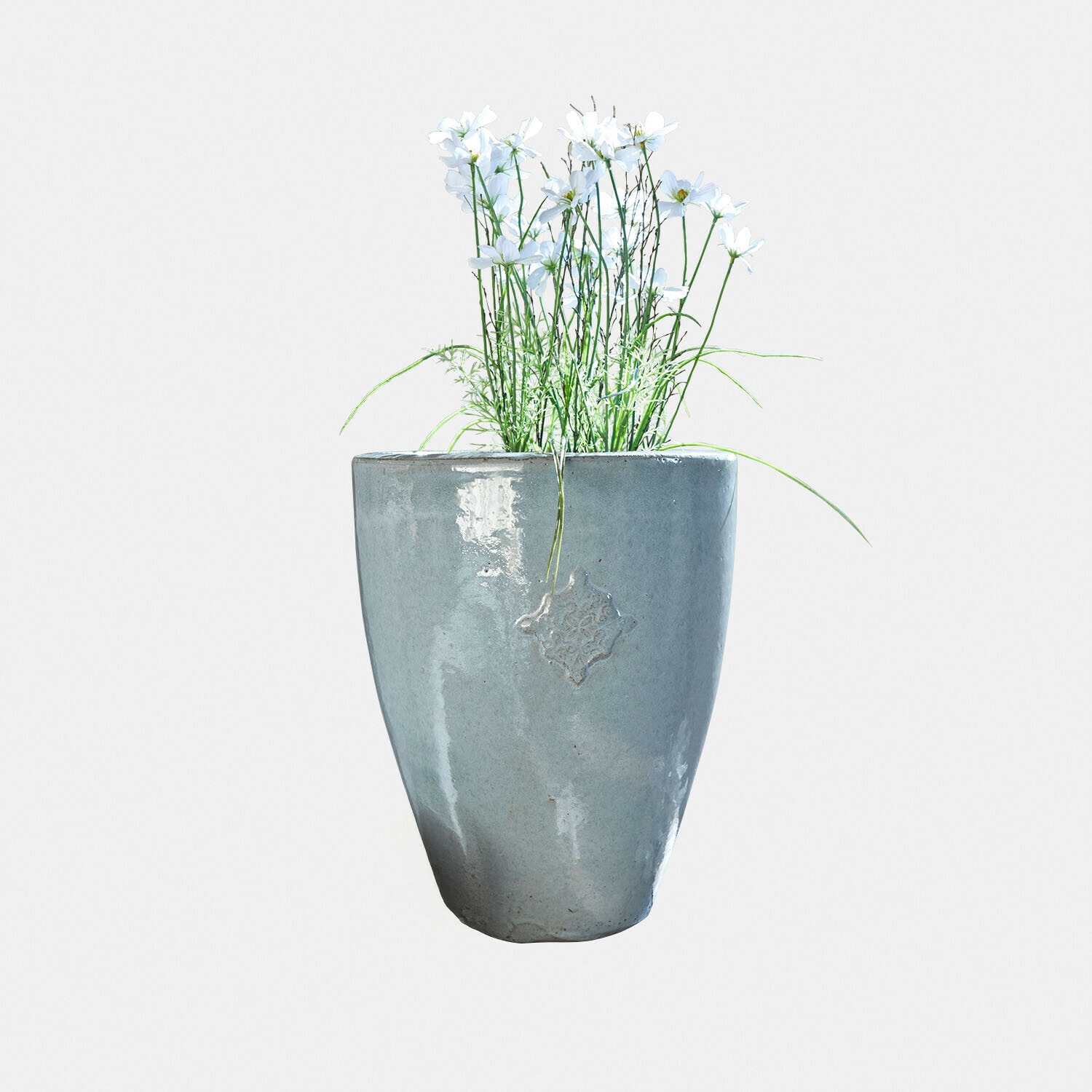 Portavaso Serenzia Vaso in ceramica grigia con fiori bianchi e foglie verdi per decorazione interna ed esterna
