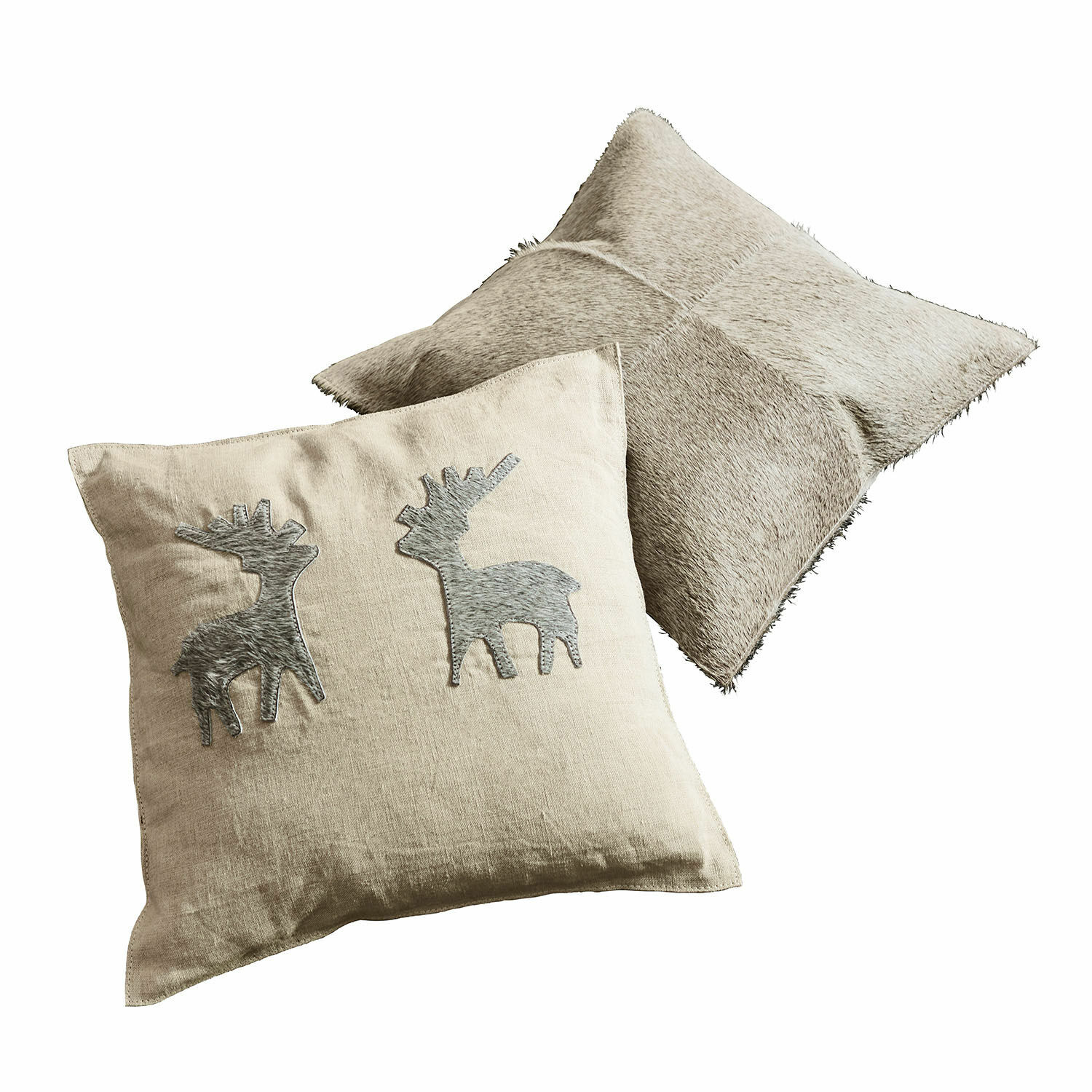 Coppia di copricuscini Beaupuy Cuscino beige in lino con applicazioni di cervi grigi e secondo cuscino con rivestimento in pelliccia grigia
