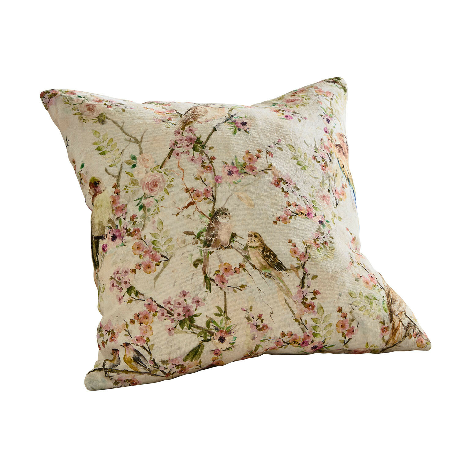 Copricuscino Florémont Cuscino decorativo in lino color crema con stampa di uccelli e fiori, stile rustico