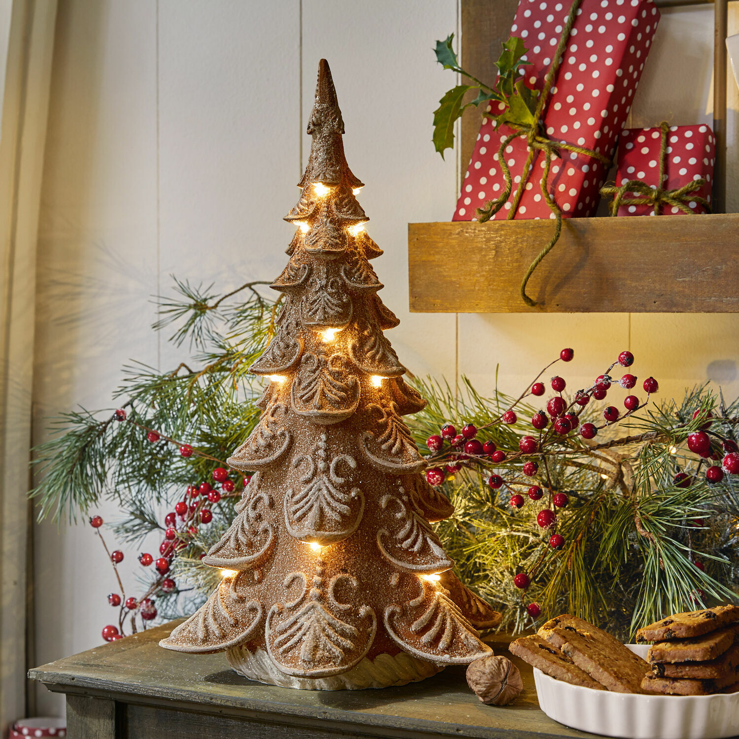 Alberello decorativo Anyama Albero di Natale decorativo in ceramica marrone con luci LED per decorazioni natalizie