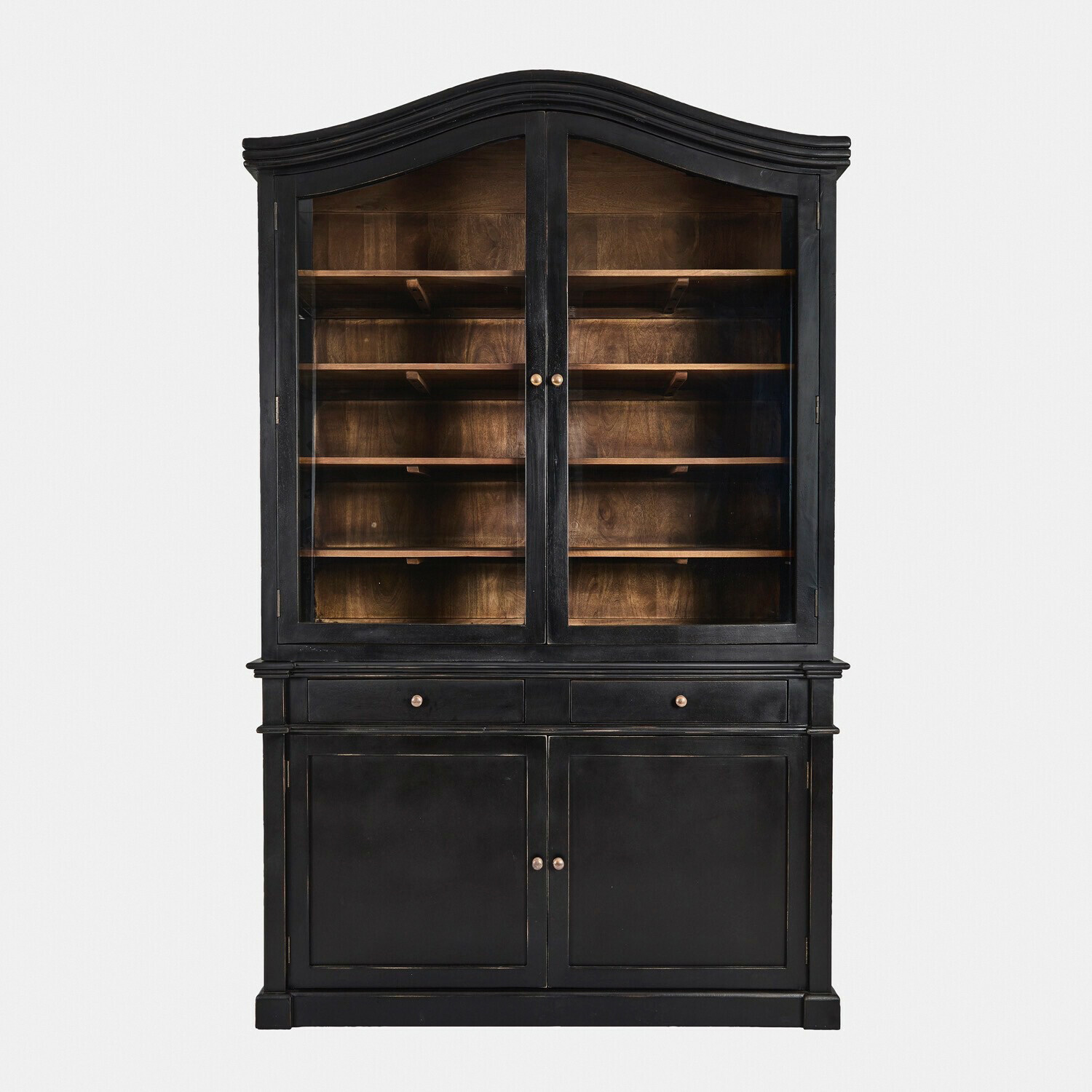 Credenza Westridge Vetrina in legno nero con ante in vetro e ripiani, mobile classico per soggiorno