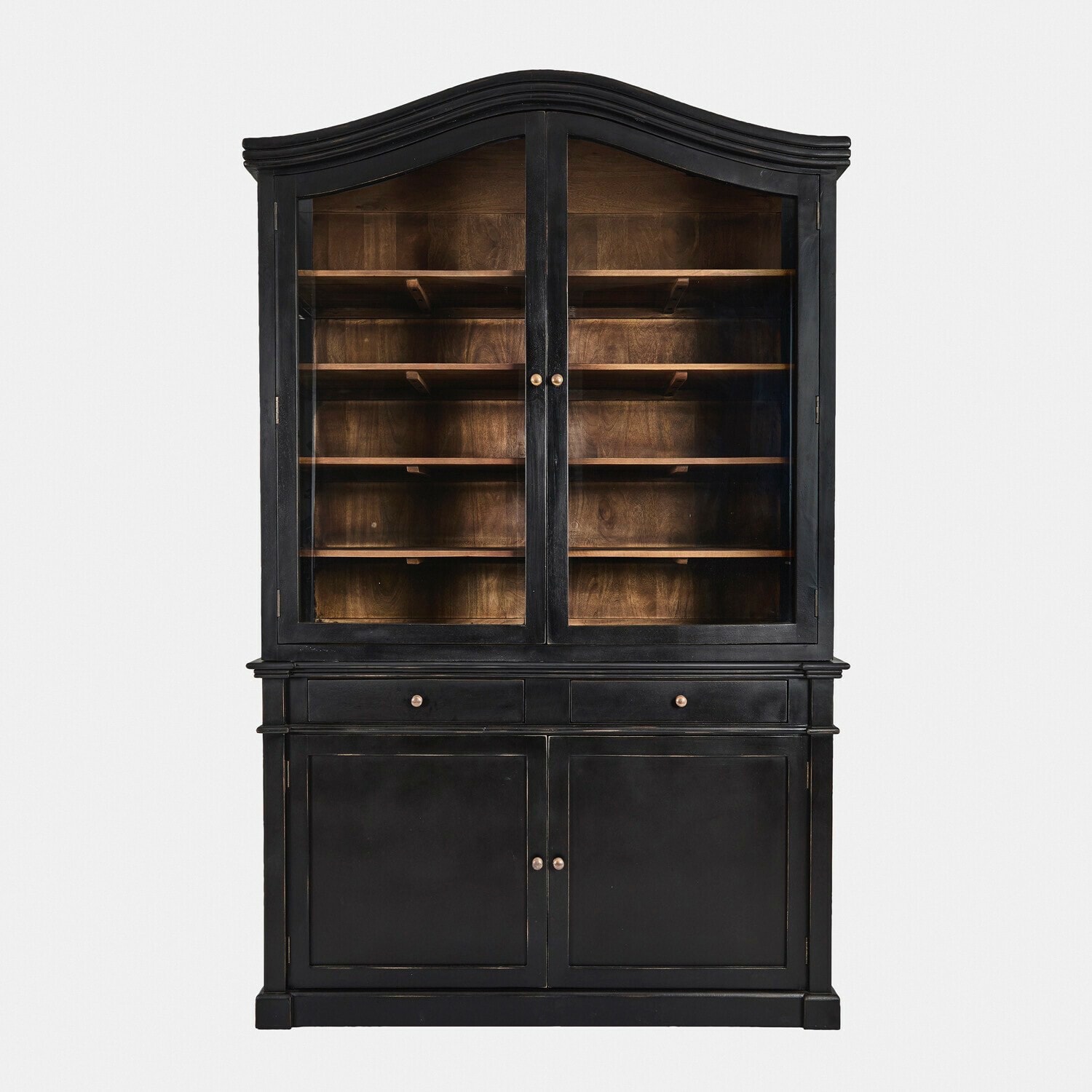 Credenza Westridge Vetrina in legno nero con ante in vetro e ripiani, mobile classico per soggiorno