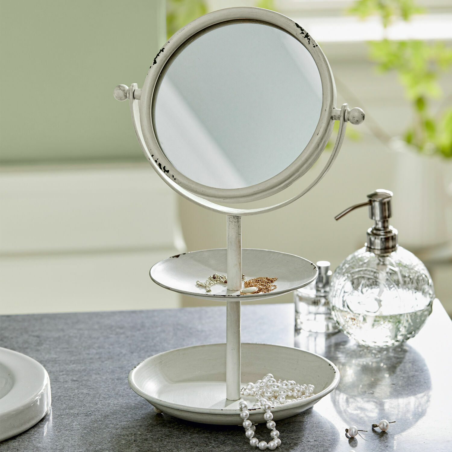 Specchio da trucco Elsa Specchio da tavolo in metallo bianco con due ripiani per gioielli, ideale per bagno o toeletta