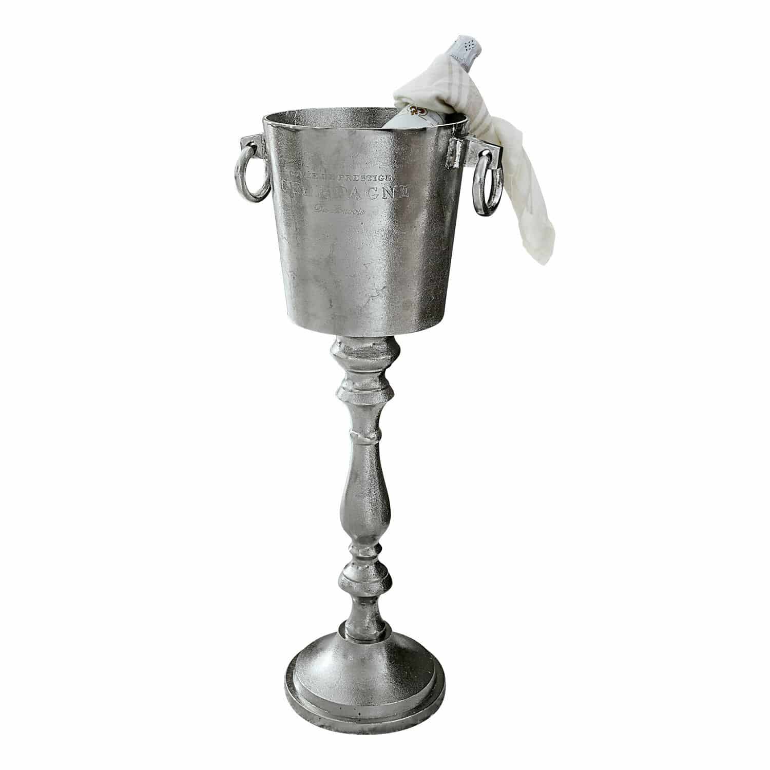 Secchiello del ghiaccio Danville Secchiello portaghiaccio in metallo argentato con base e manici, con bottiglia di champagne, accessorio elegante