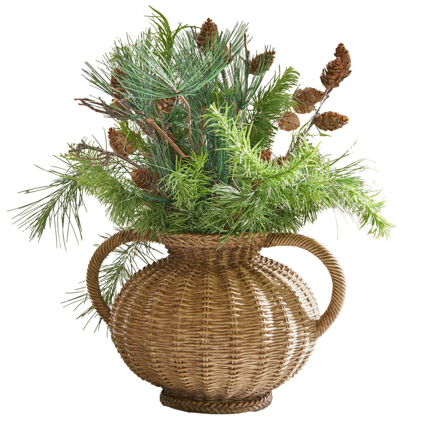 Vaso Kaelvik Vaso in vimini con manici, riempito con rami verdi e pigne, decorazione naturale per la casa