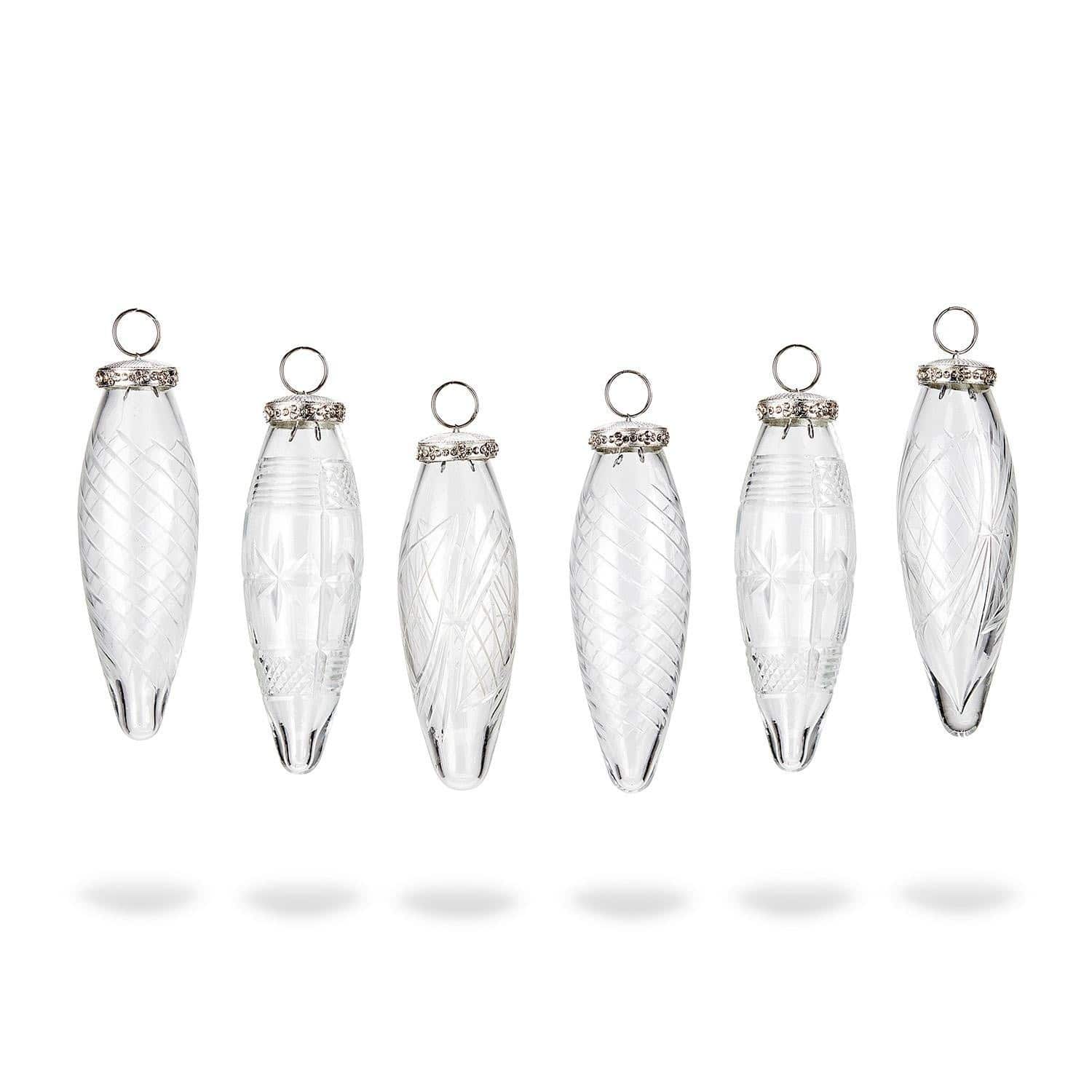 Set di 6 decorazioni natalizie Loulay Set di sei decorazioni natalizie in vetro trasparente con anelli metallici e motivi incisi