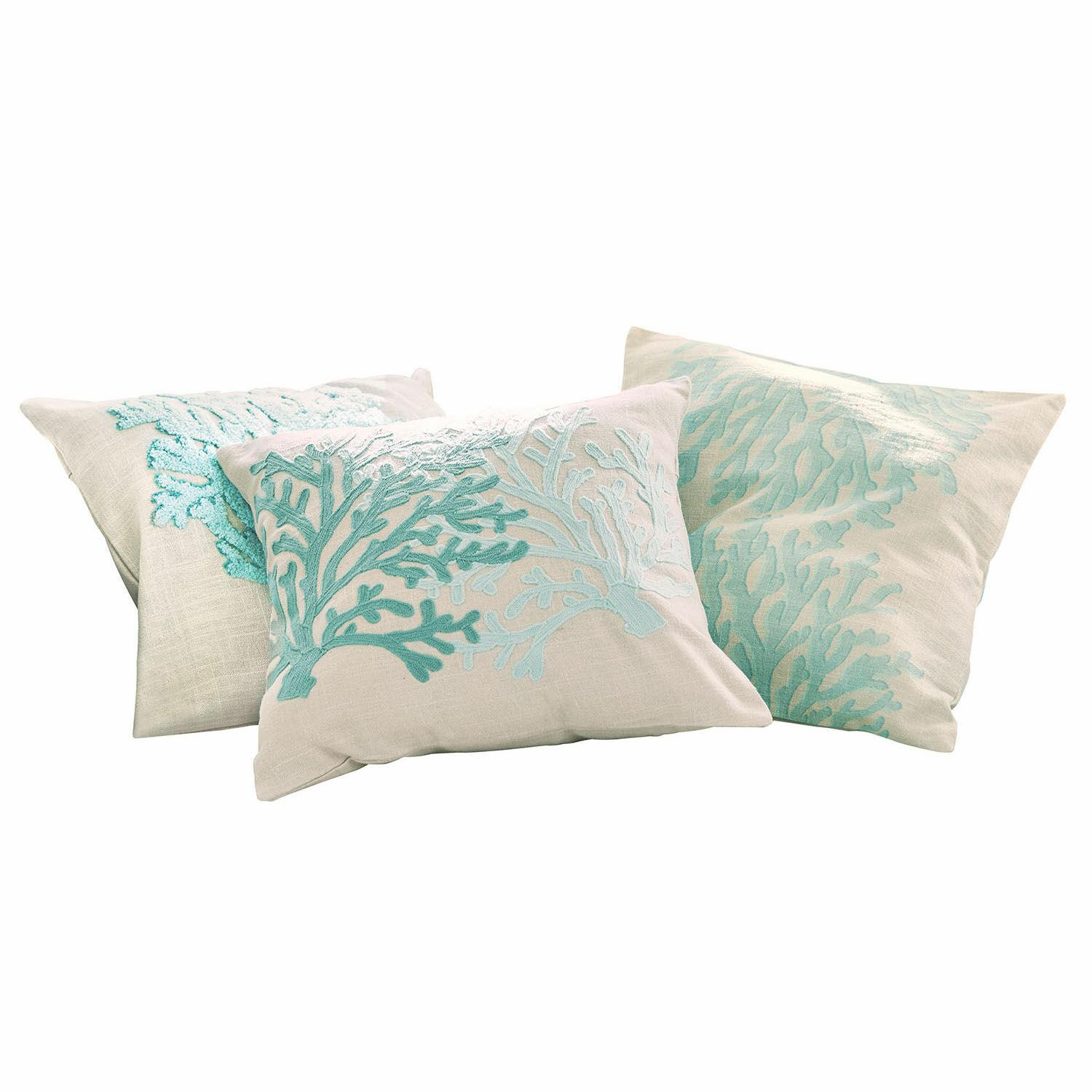 Set di 3 copricuscini Vaiea Set di tre cuscini in lino con ricamo corallo turchese, decorazione per interni