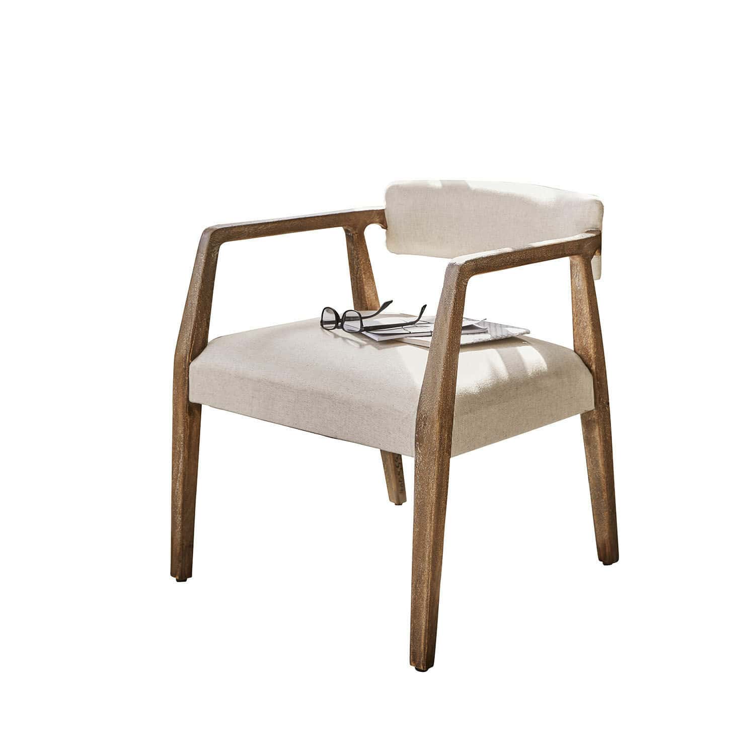 Poltrona Bronwyn Sedia con rivestimento beige e struttura in legno vintage per soggiorno e ufficio