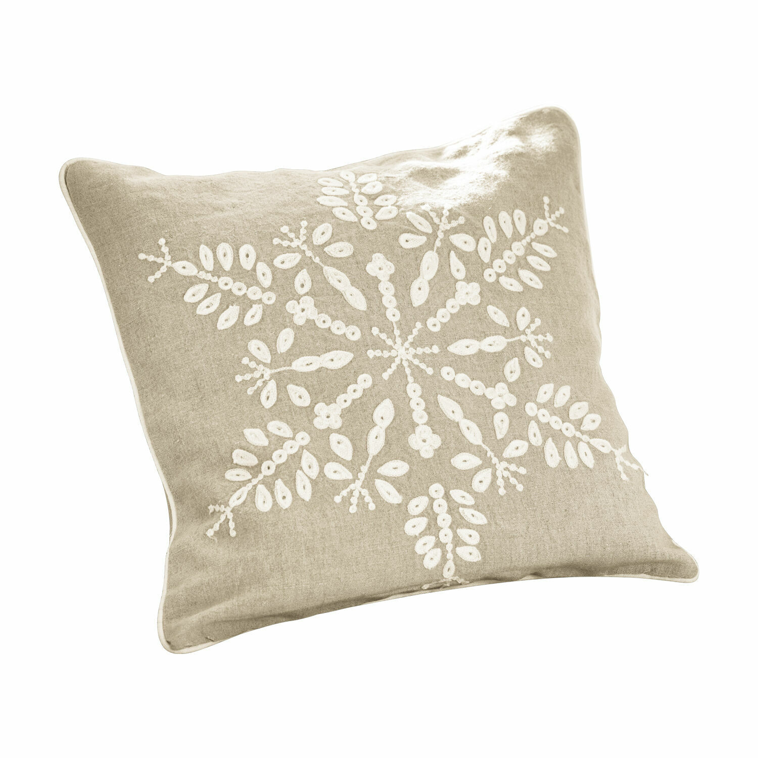 Copricuscino Snowflake Cuscino beige in lino con ricamo bianco a forma di fiocco di neve, decorazione per interni