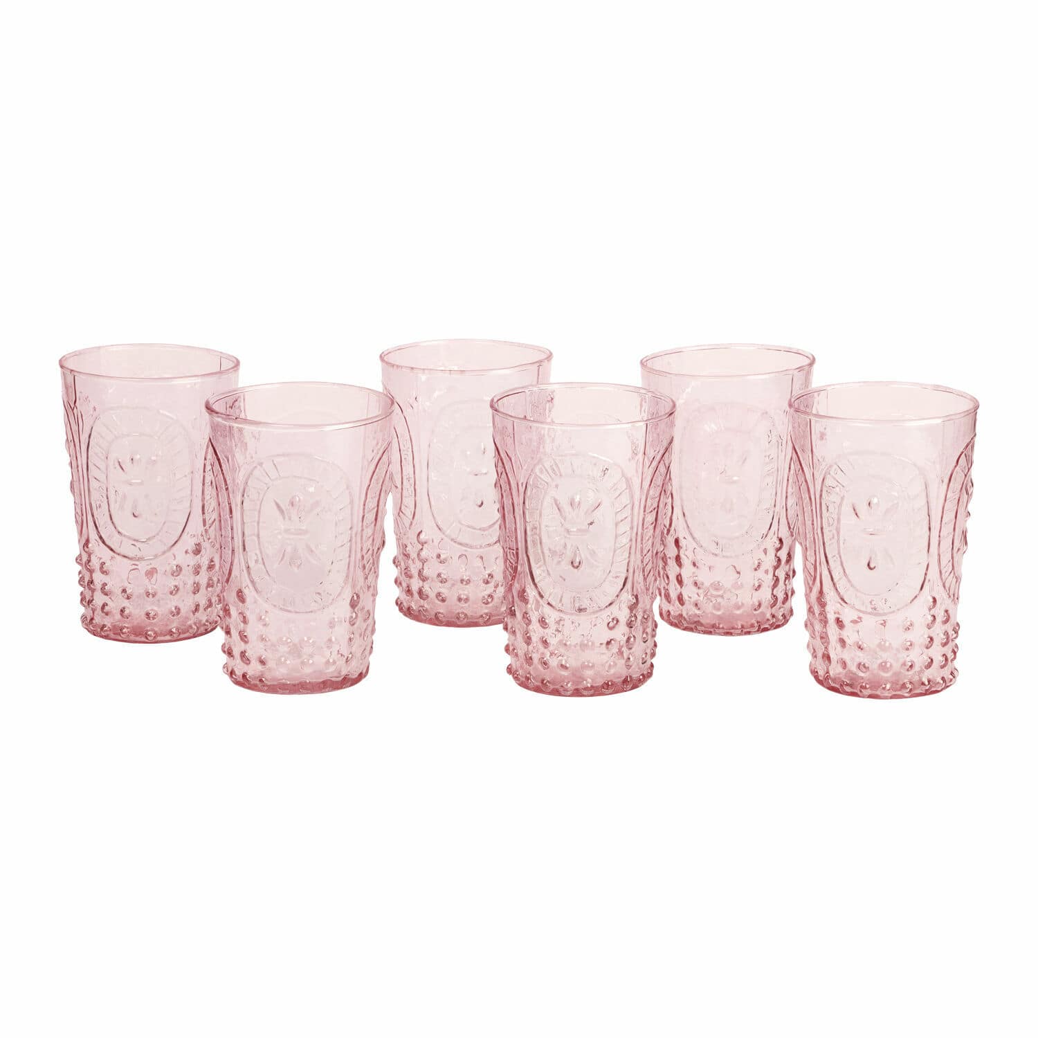 Set di 6 bicchieri Fleury Set di sei bicchieri rosa in vetro trasparente con motivo decorativo per bevande