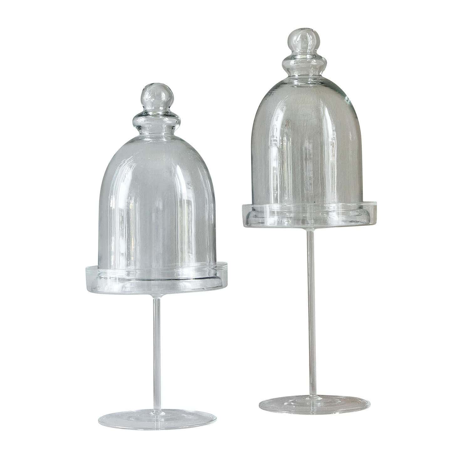 Coppia di campane in vetro Hibous Due campane di vetro trasparente su piedistallo per decorazione d'interni, design minimalista