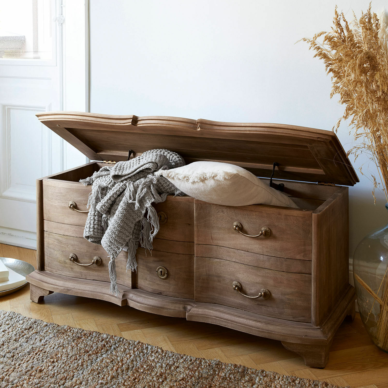Cassapanca Aiguillon Cassapanca in legno naturale con cassetti e coperchio apribile, stile rustico elegante