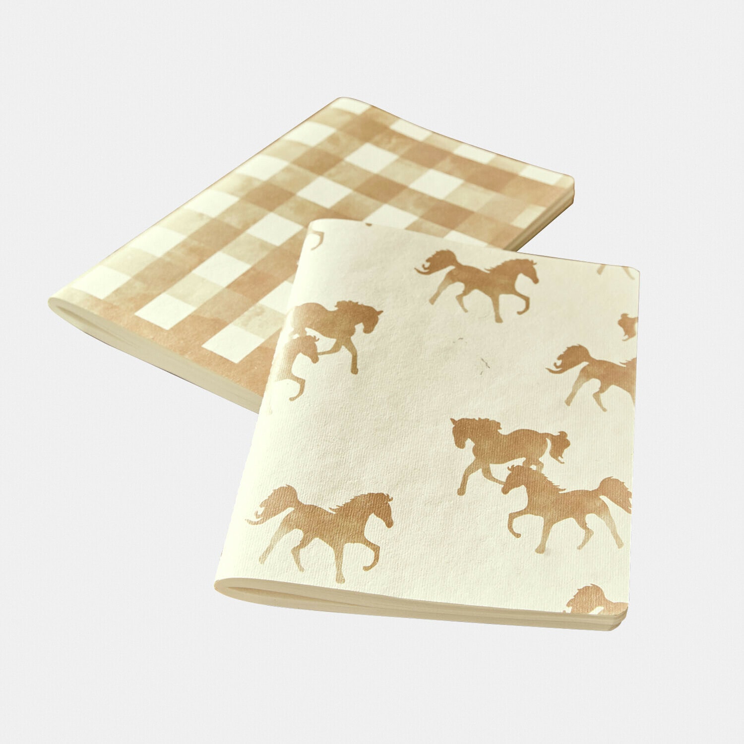 Set di due strofinacci da cucina in cotone beige con motivi di cavalli e quadri
