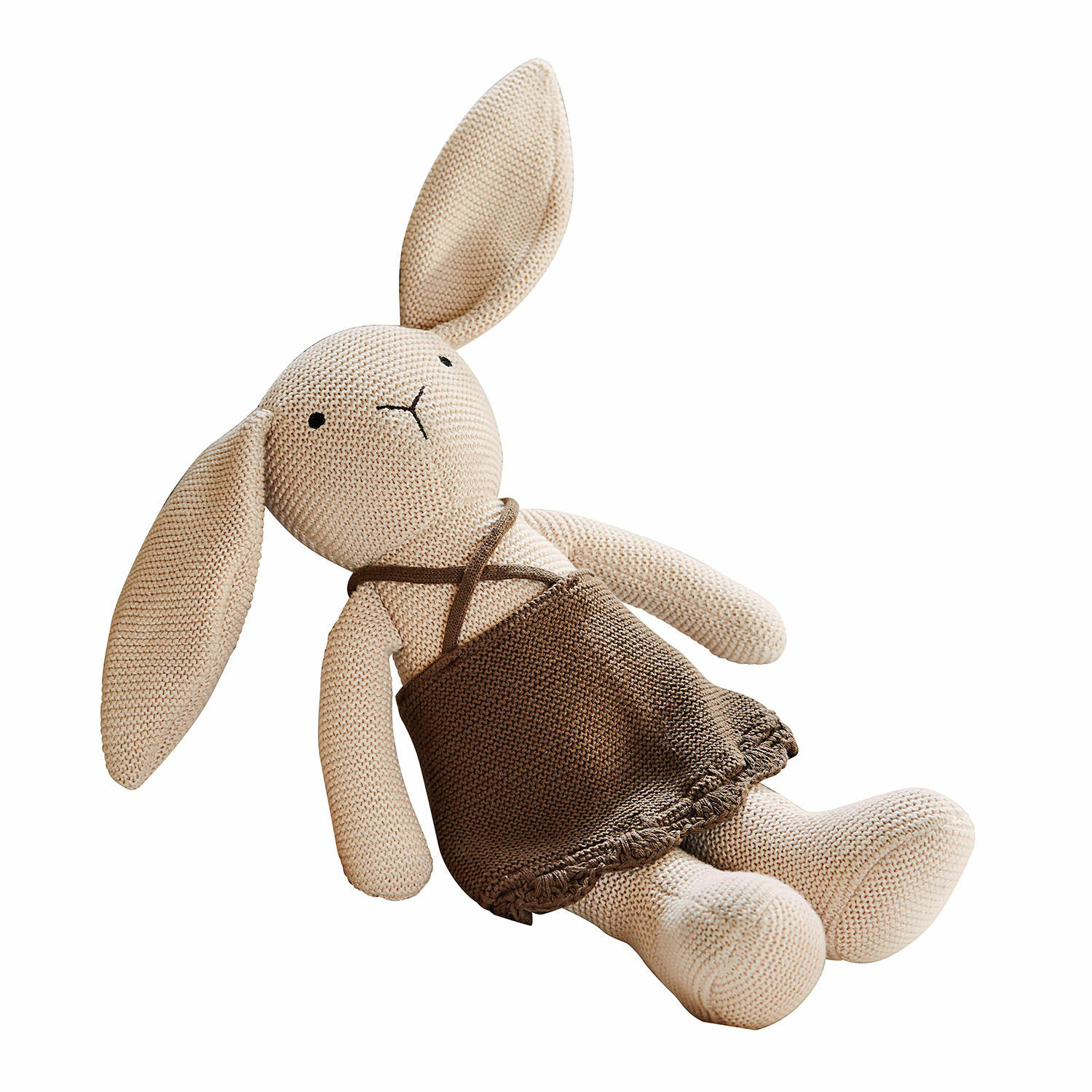 Peluche Flicka Coniglio beige lavorato a maglia con gonna marrone, morbido giocattolo per bambini e decorazione