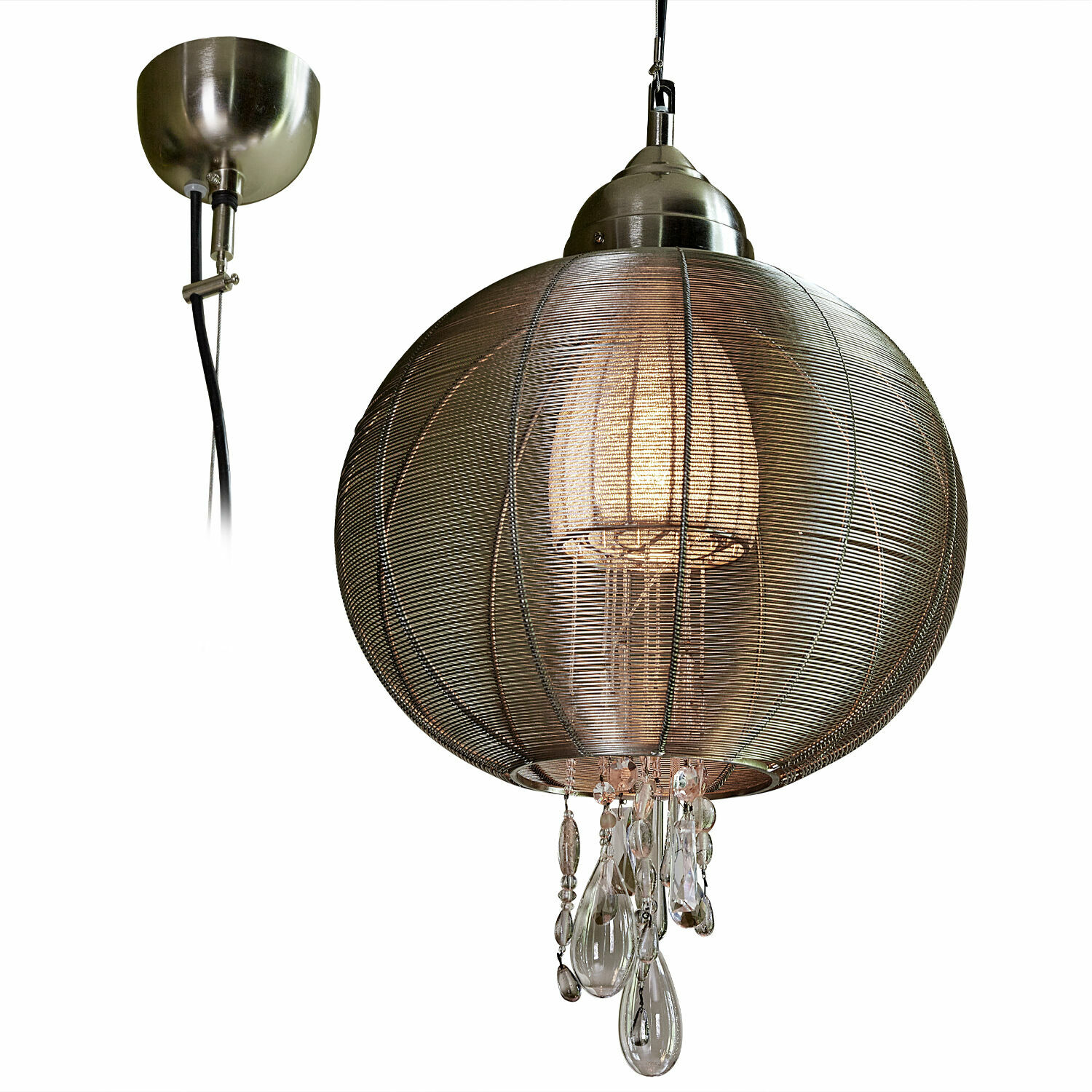 Lampada a sospensione Sunbrook Lampada a sospensione in metallo argentato con paralume a rete e cristalli di vetro, illuminazione moderna