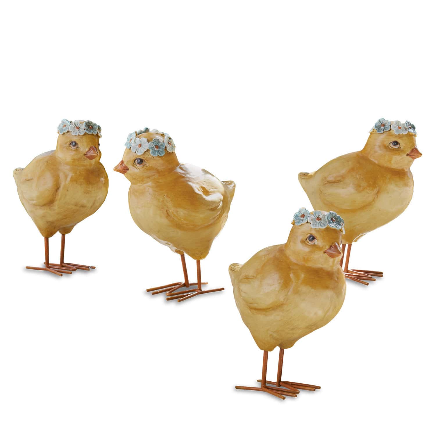 Set di 4 pulcini Dorette Quattro pulcini decorativi gialli in materiale con corone di fiori azzurri per decorazione