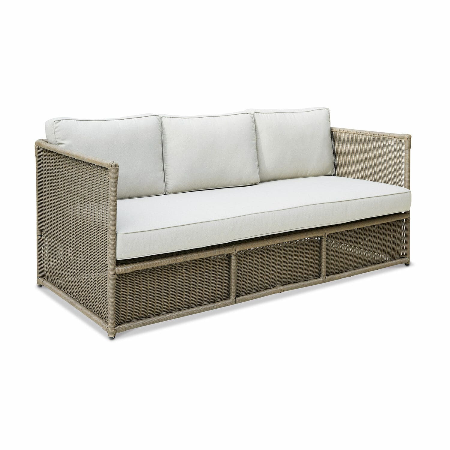 Divano Lesmont Divano in rattan beige con cuscini chiari, mobili da giardino confortevoli per terrazza