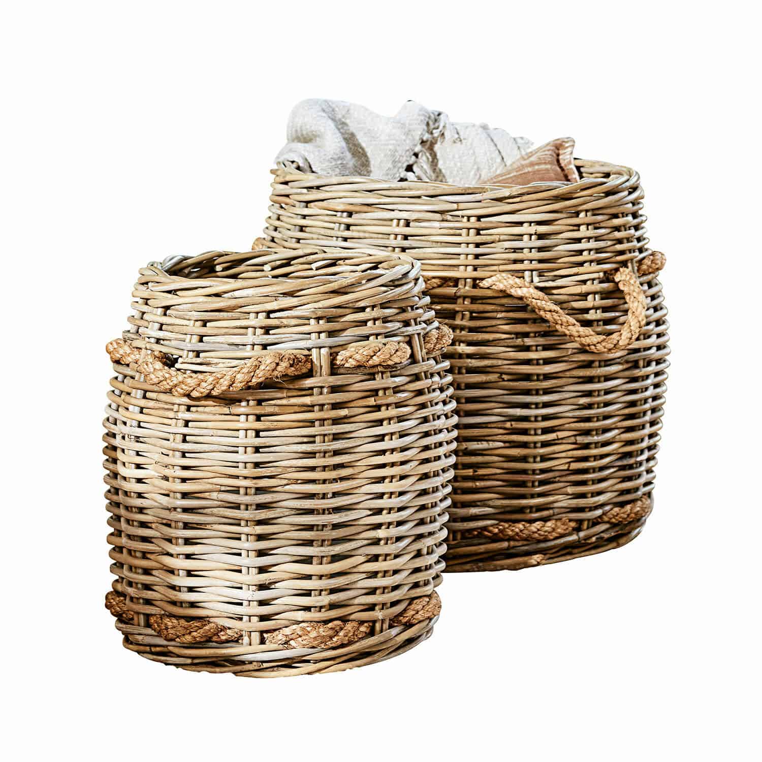 Coppia di cesti Tauri Set di due cesti in vimini con manici in corda naturale color beige per conservare oggetti