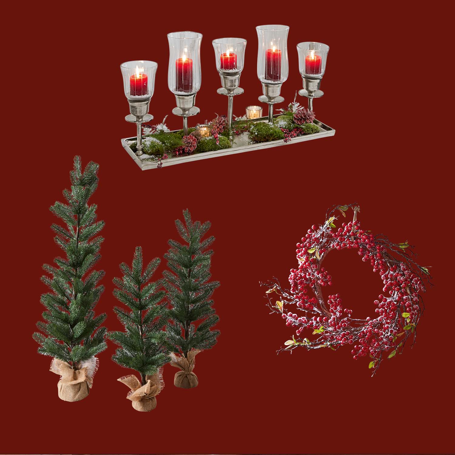 Set decorazioni natalizie con candele rosse, alberelli verdi e corona di bacche rosse