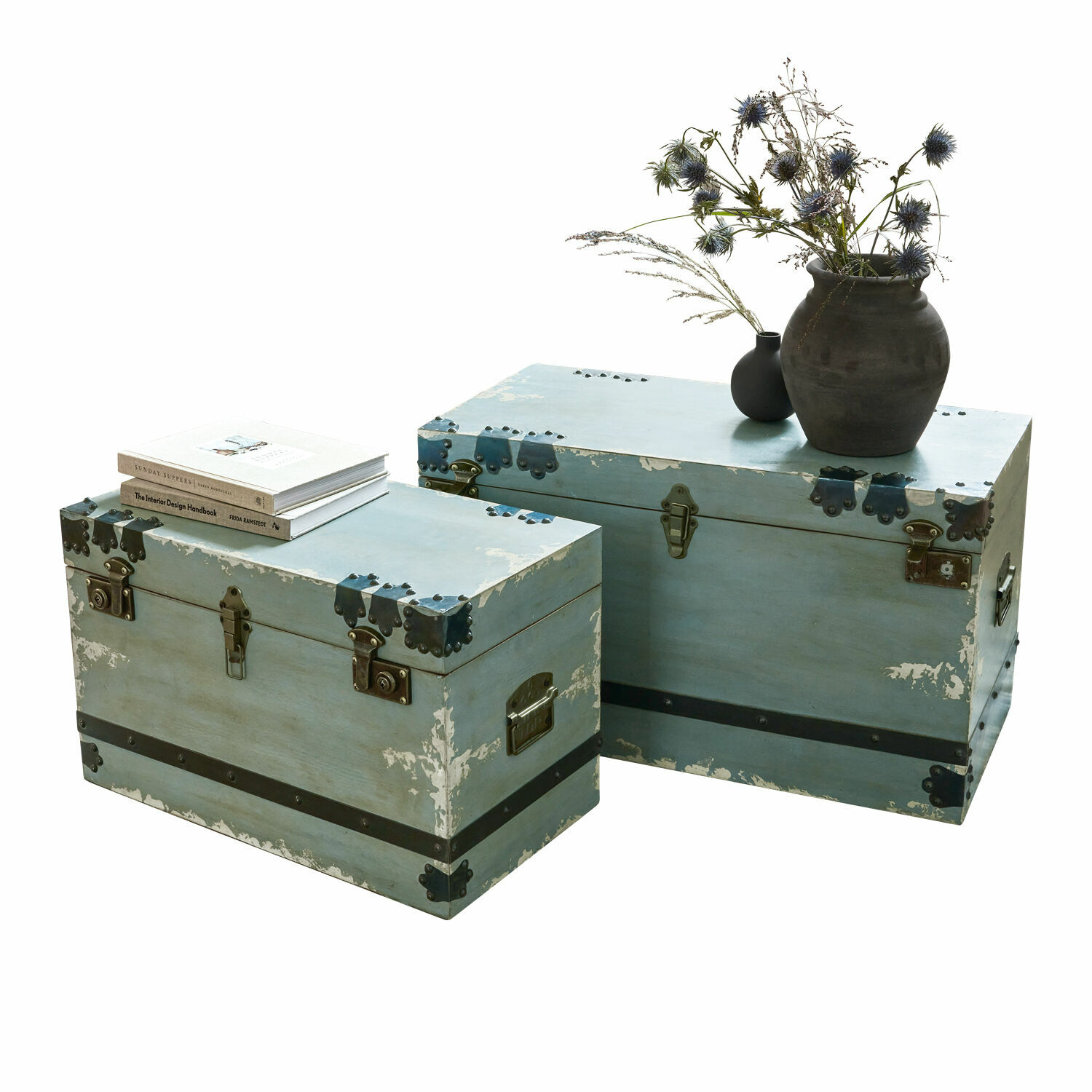 Coppia di bauli Gorman Due casse in legno blu con ferrature metalliche vintage per conservazione e decorazione