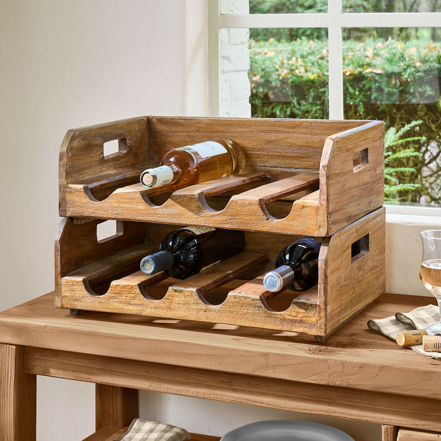 Coppia di portabottiglie Crestwooden Portabottiglie in legno colore naturale con sei scomparti, organizer pratico per la cucina
