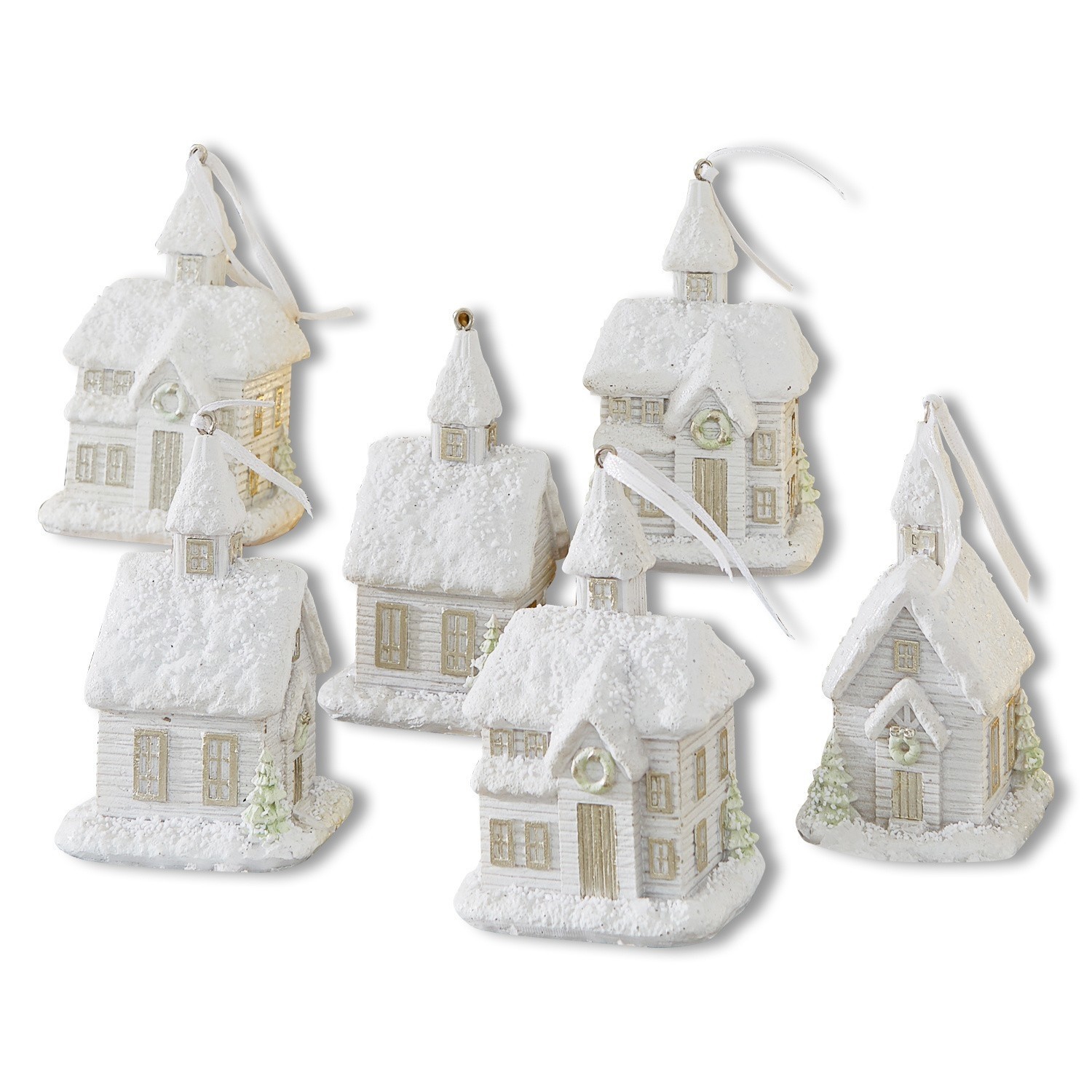 Set di 6 decorazioni natalizie Legé Set di sei decorazioni a forma di casette bianche con effetto neve da appendere all'albero