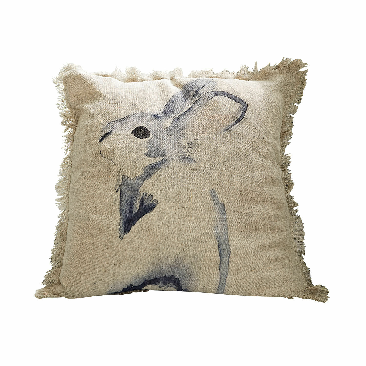 Copricuscino Riamira Cuscino beige in lino con frange e stampa coniglio grigio per decorazione casa