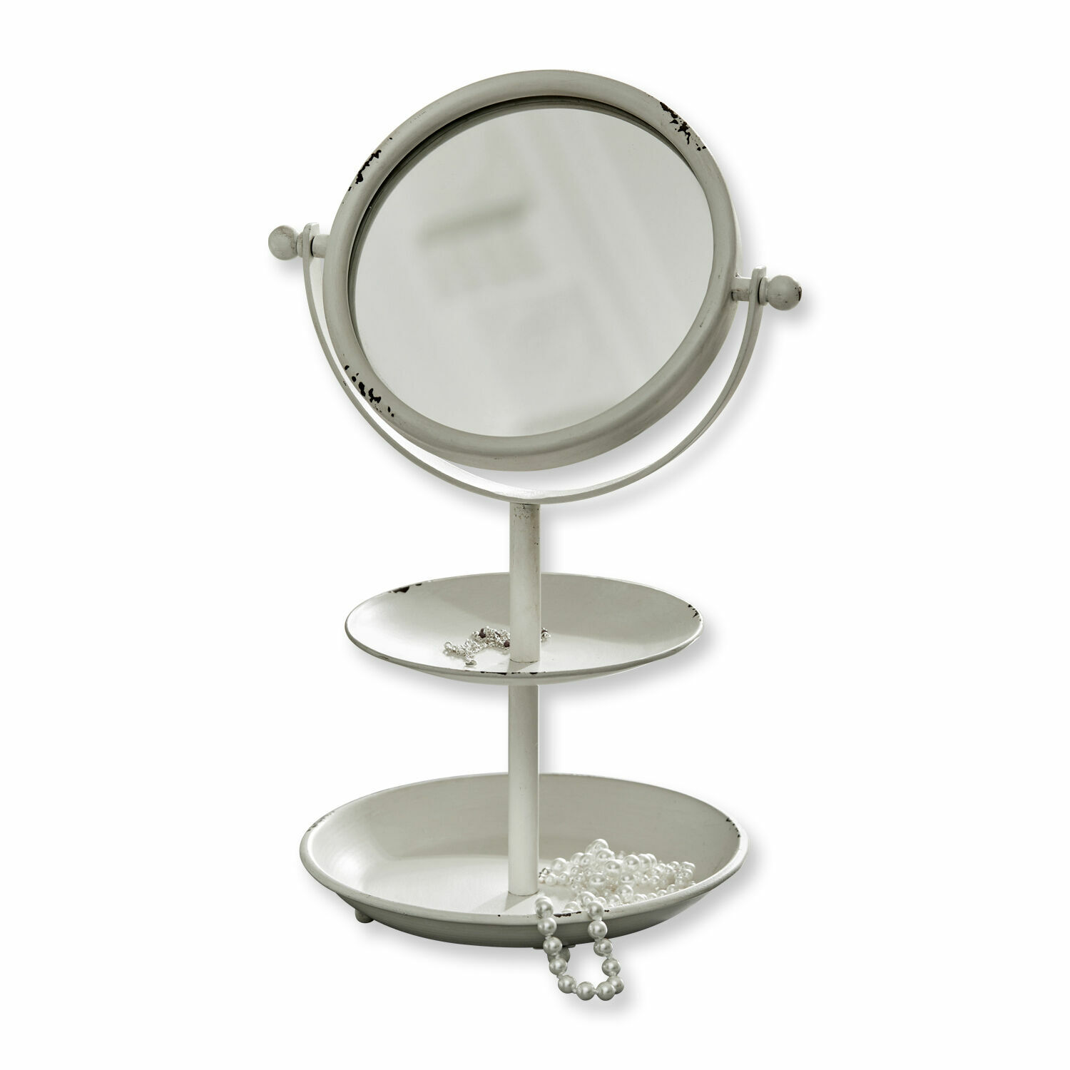 Specchio da trucco Elsa Specchio da tavolo in metallo bianco con due ripiani per gioielli stile vintage